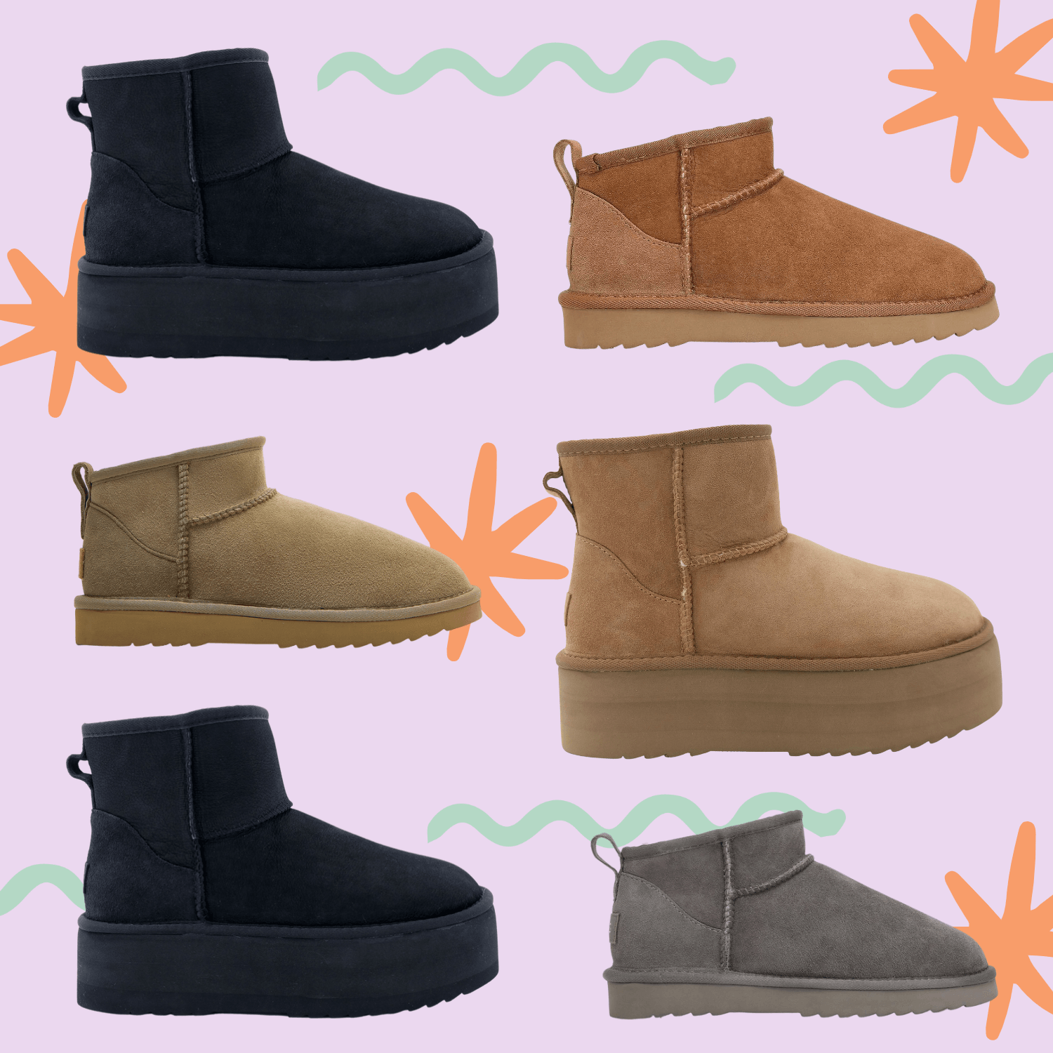 Six pairs of sheepskin mini UGG boots in black, tan, brown, and grey on a pastel background