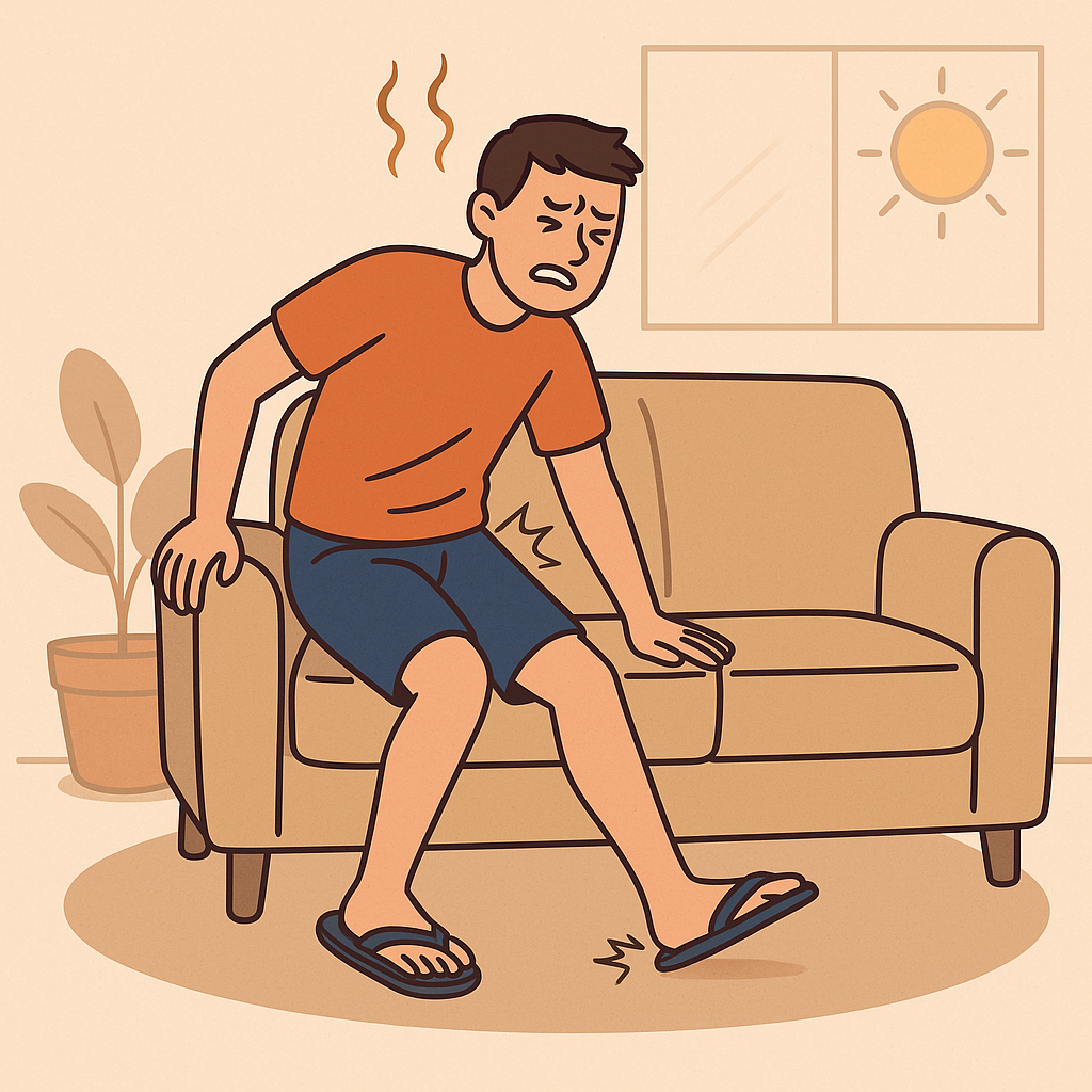 Man in summer clothing sweating on a sofa, appearing hot and uncomfortable indoors.