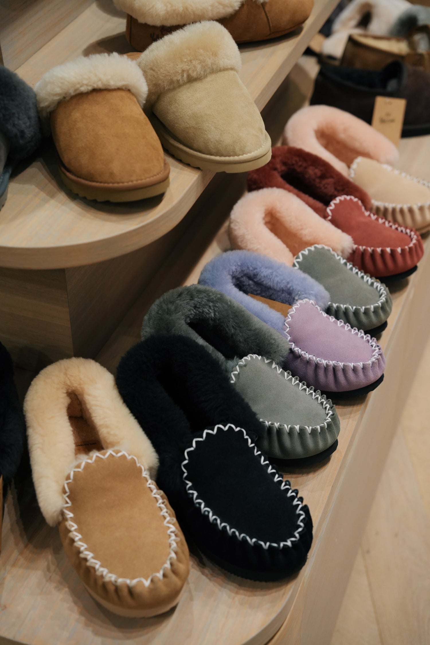 Assorted sheepskin moccasin slippers in various colors displayed on wooden shelves