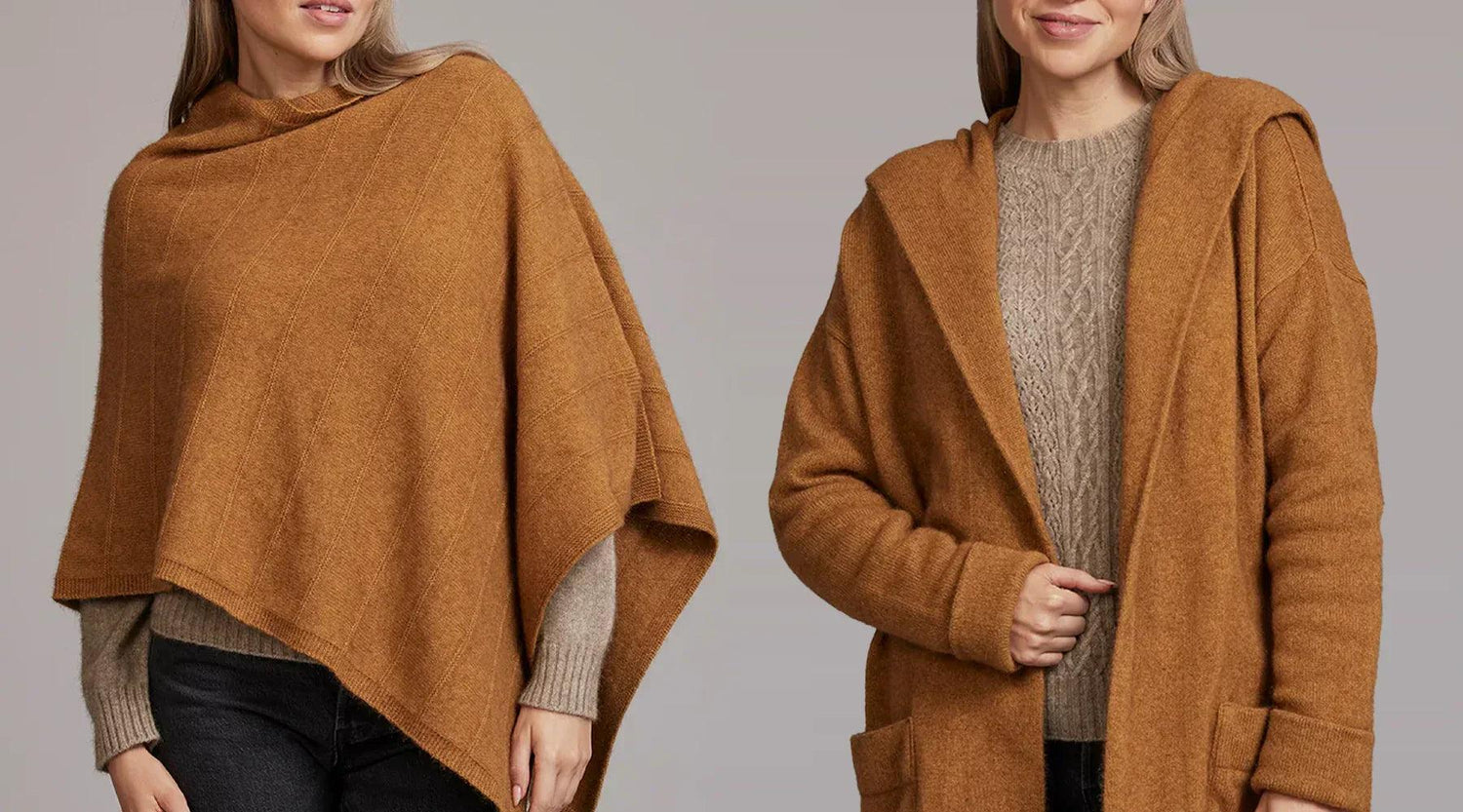 Woman wearing a brown merino wool poncho and jacket, cozy winter knitwear fashion.
