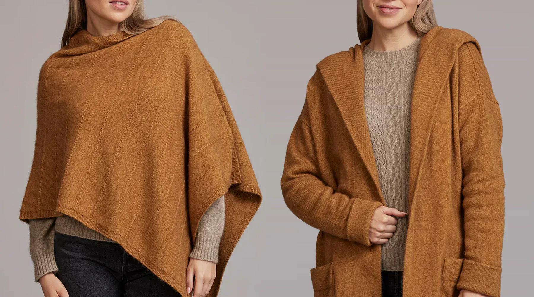 Woman wearing a brown merino wool poncho and jacket, cozy winter knitwear fashion.