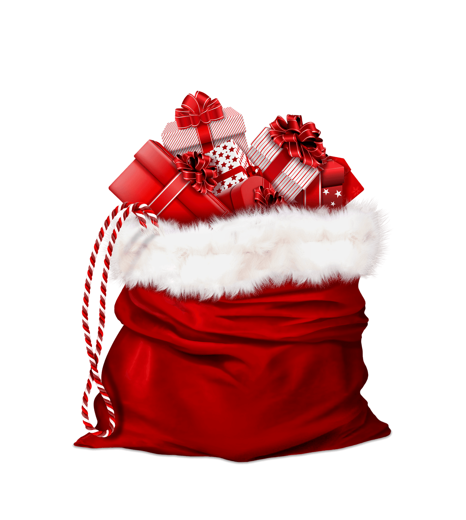 Red Christmas gift sack with white fur trim filled with wrapped presents and bows