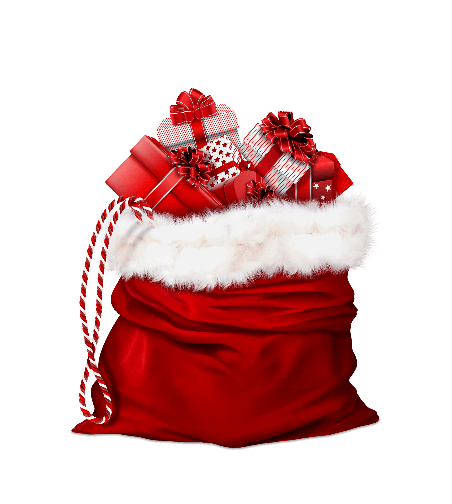 Red Christmas gift sack with white fur trim filled with wrapped presents and bows