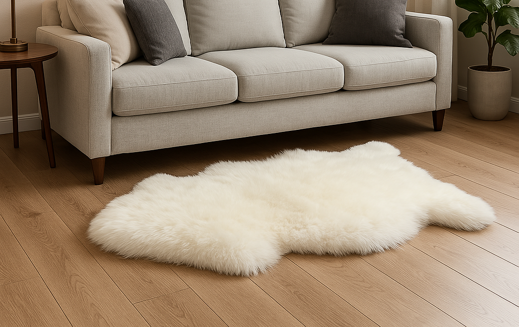 White sheepskin rug on light wood floor in modern living room with beige sofa