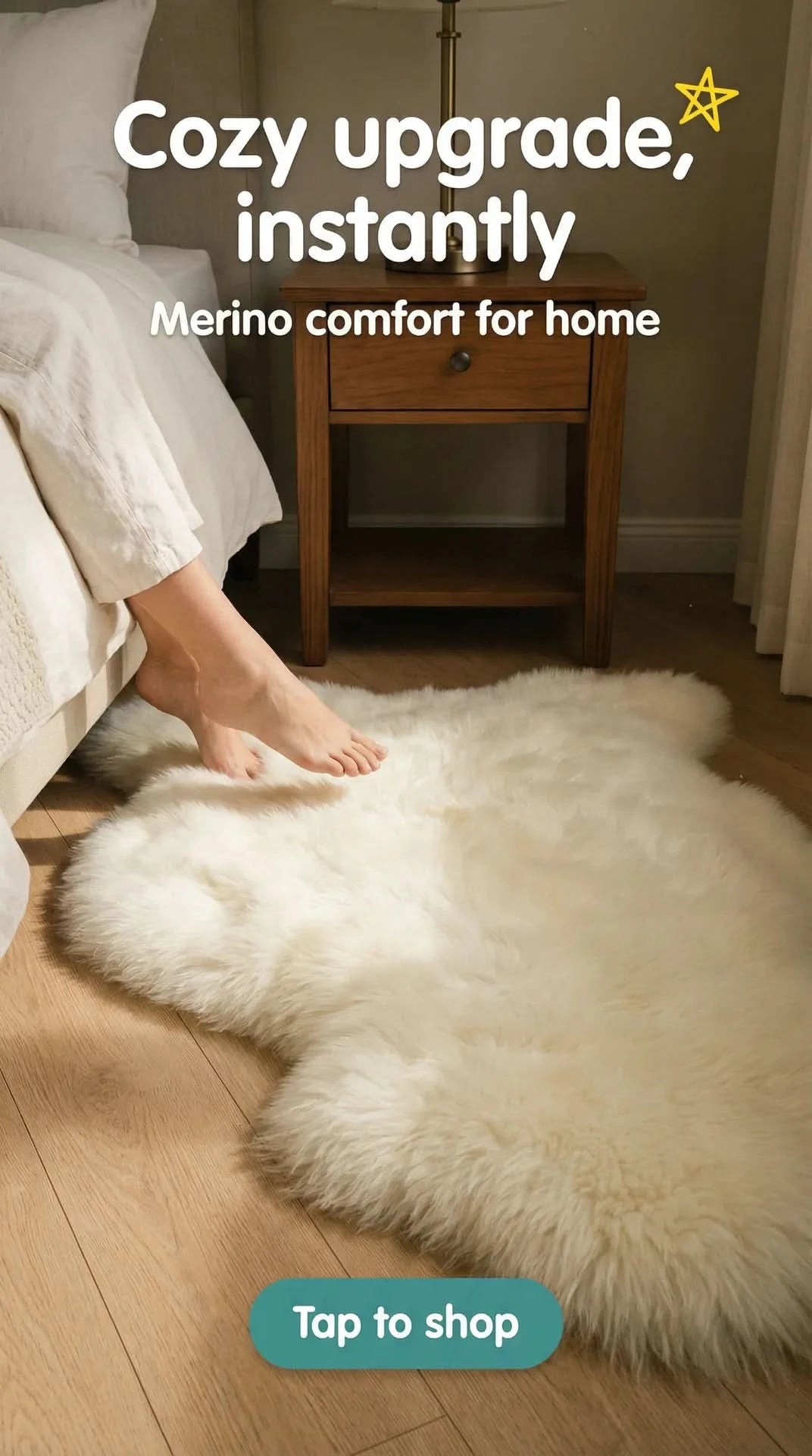 Ivory merino wool sheepskin rug on wooden floor beside bed and nightstand. - Yellow Earth Australia
