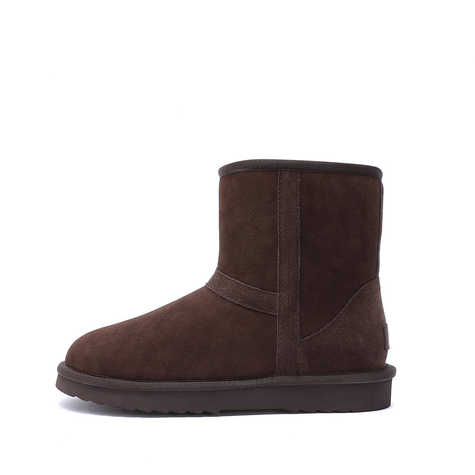 Brown suede sheepskin short boot shown from the side view. - Yellow Earth Australia