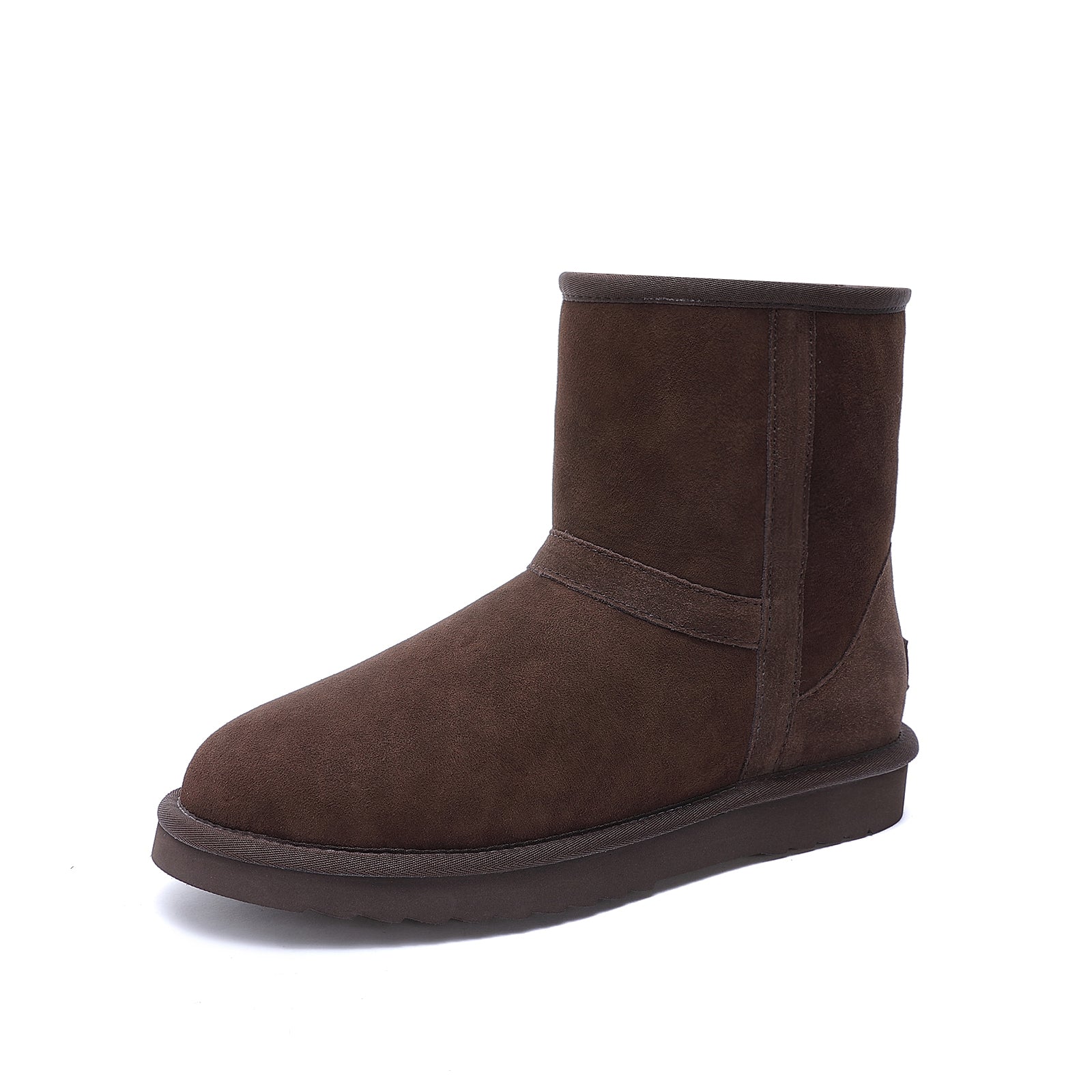 Classic short chocolate brown sheepskin boot with plush wool lining, side view. - Yellow Earth Australia