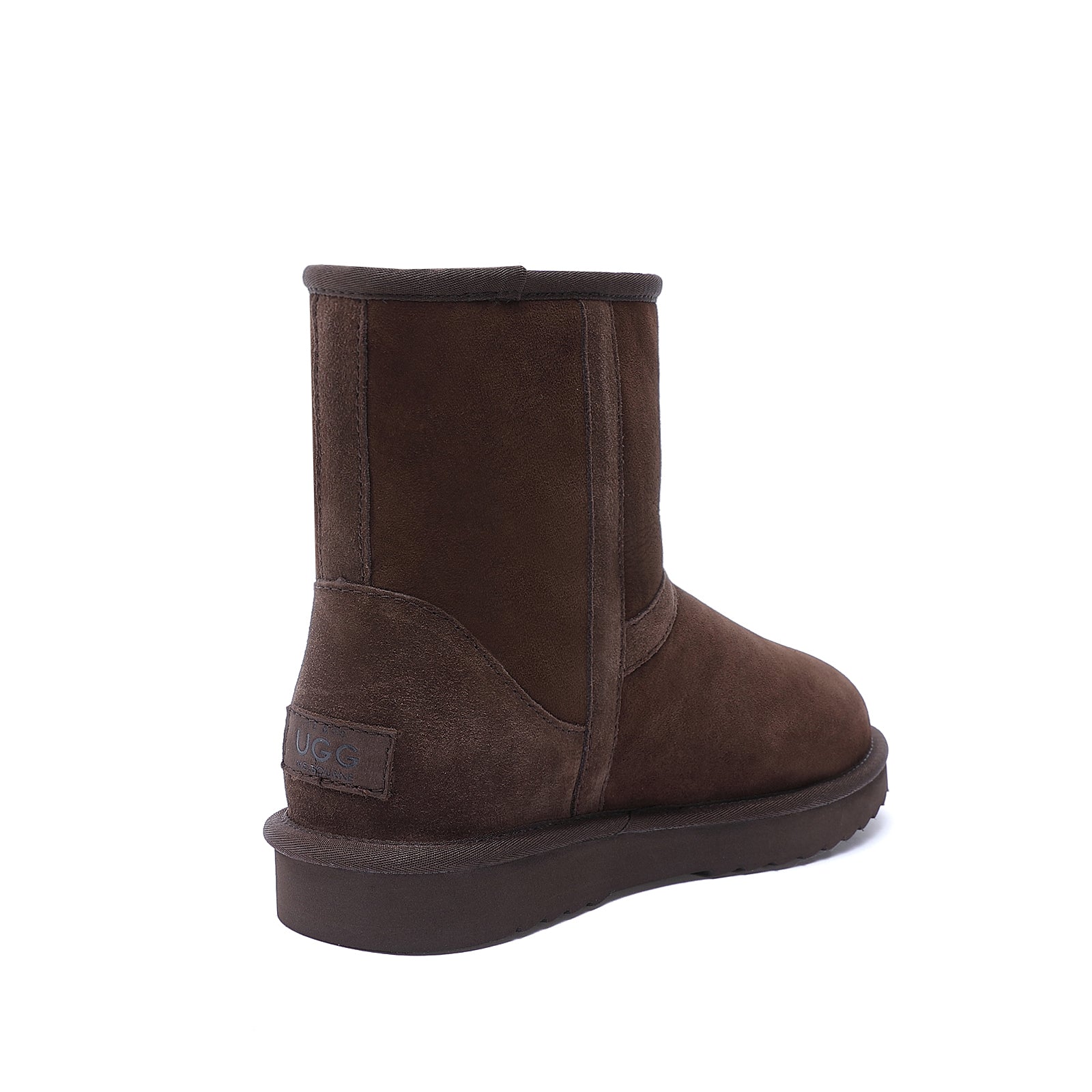 Chocolate brown sheepskin boot shown from rear angle with suede texture and thick sole. - Yellow Earth Australia