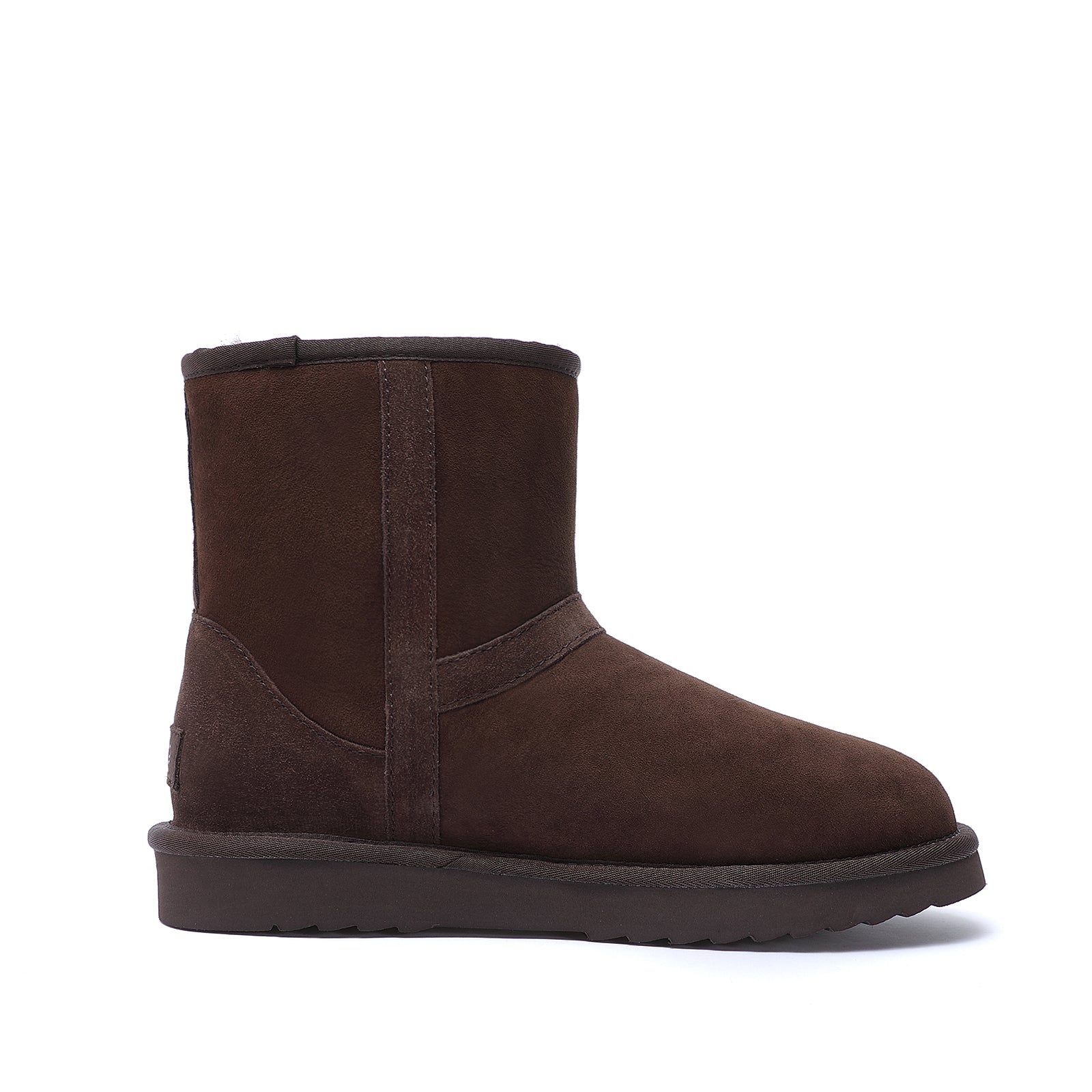 Chocolate brown sheepskin short boot with suede upper, side view on white background. - Yellow Earth Australia