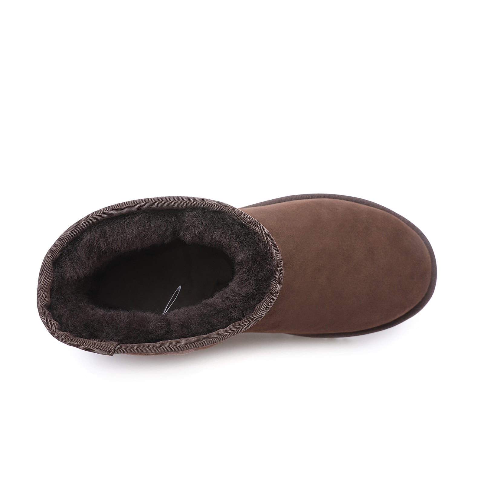 Brown sheepskin boot with dark wool lining shown from top-down angle. - Yellow Earth Australia