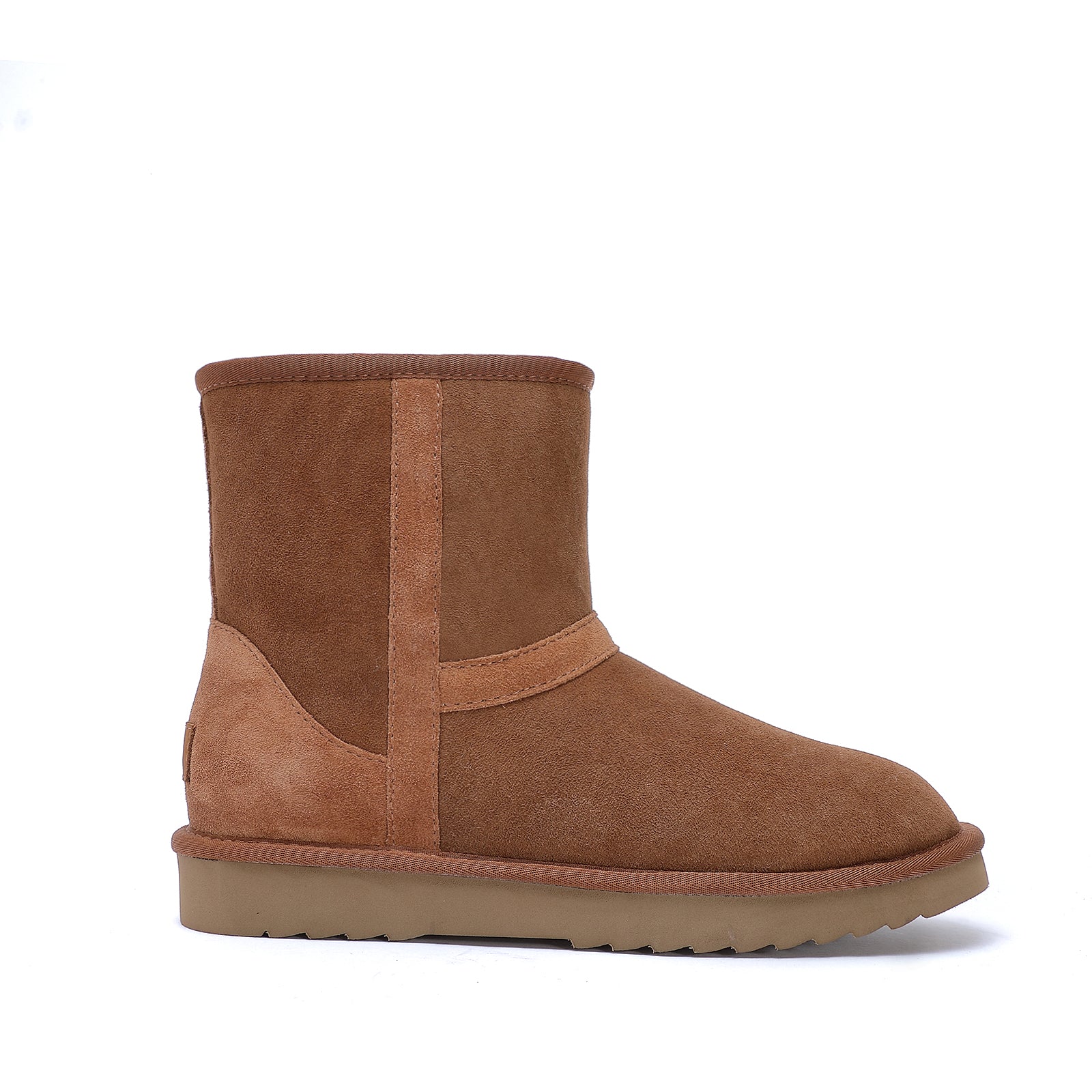 Tan suede sheepskin short boot with wool lining, side view on white background. - Yellow Earth Australia