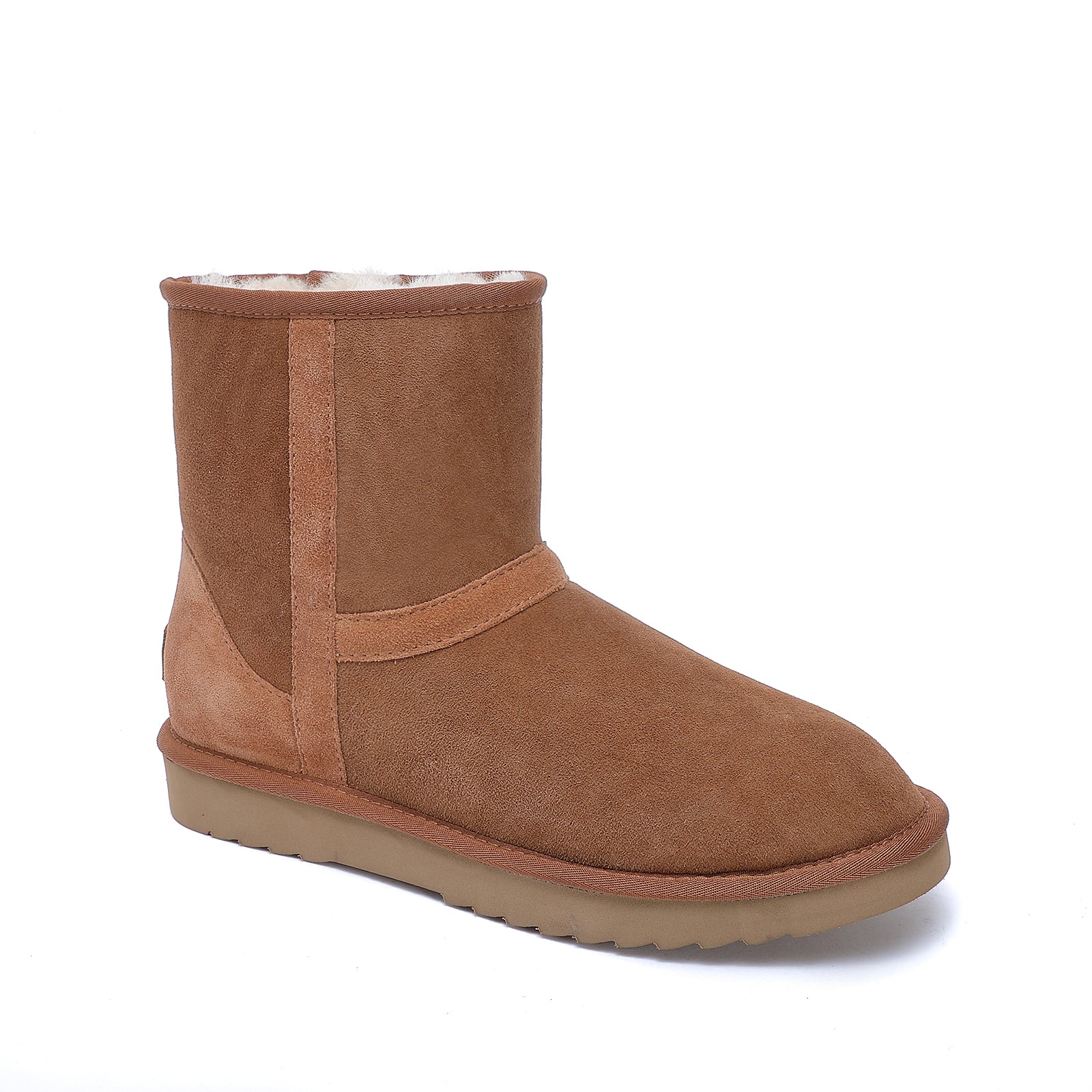 Chestnut suede sheepskin short boot with fleece lining, side view. - Yellow Earth Australia