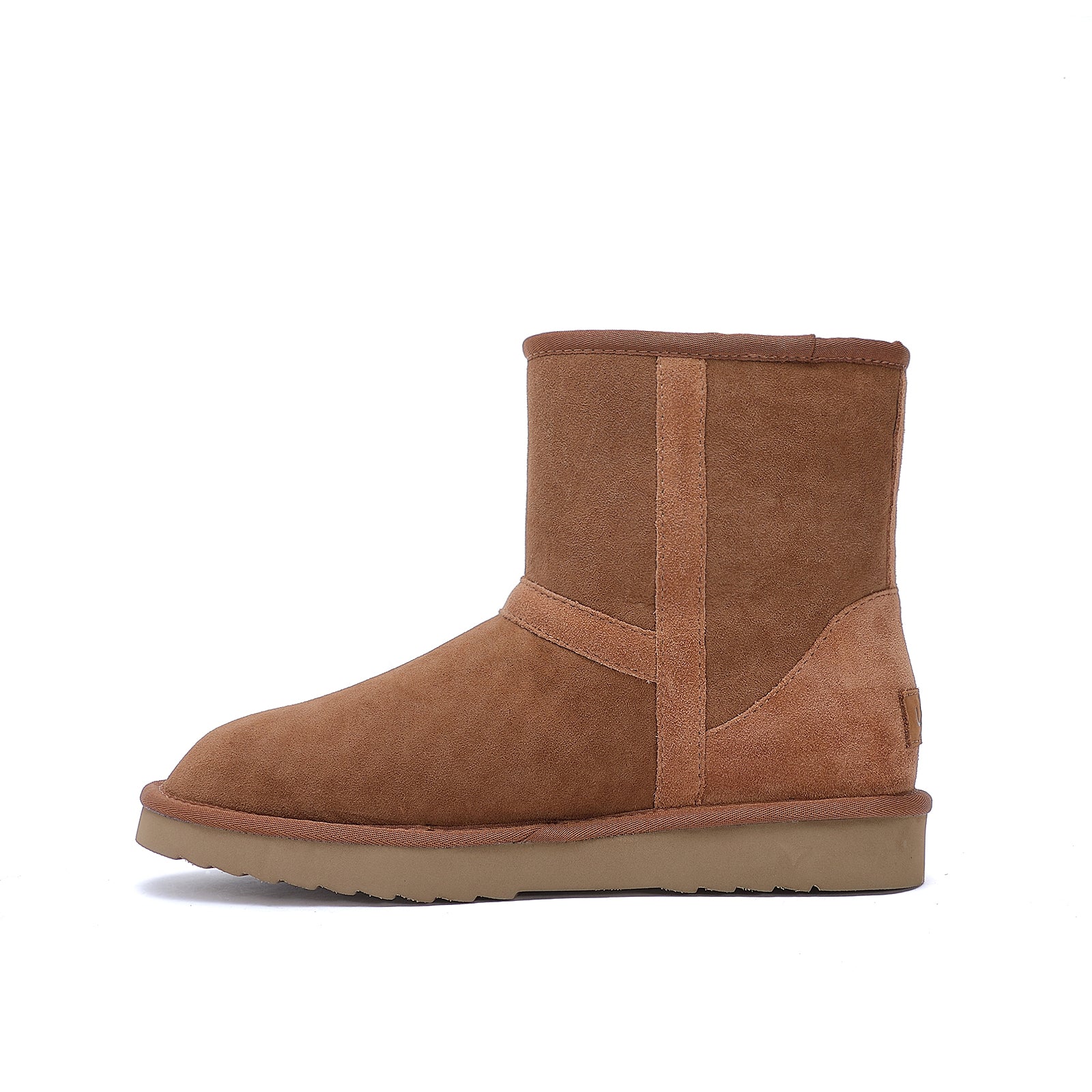Chestnut suede sheepskin short boot with crepe sole, side view. - Yellow Earth Australia