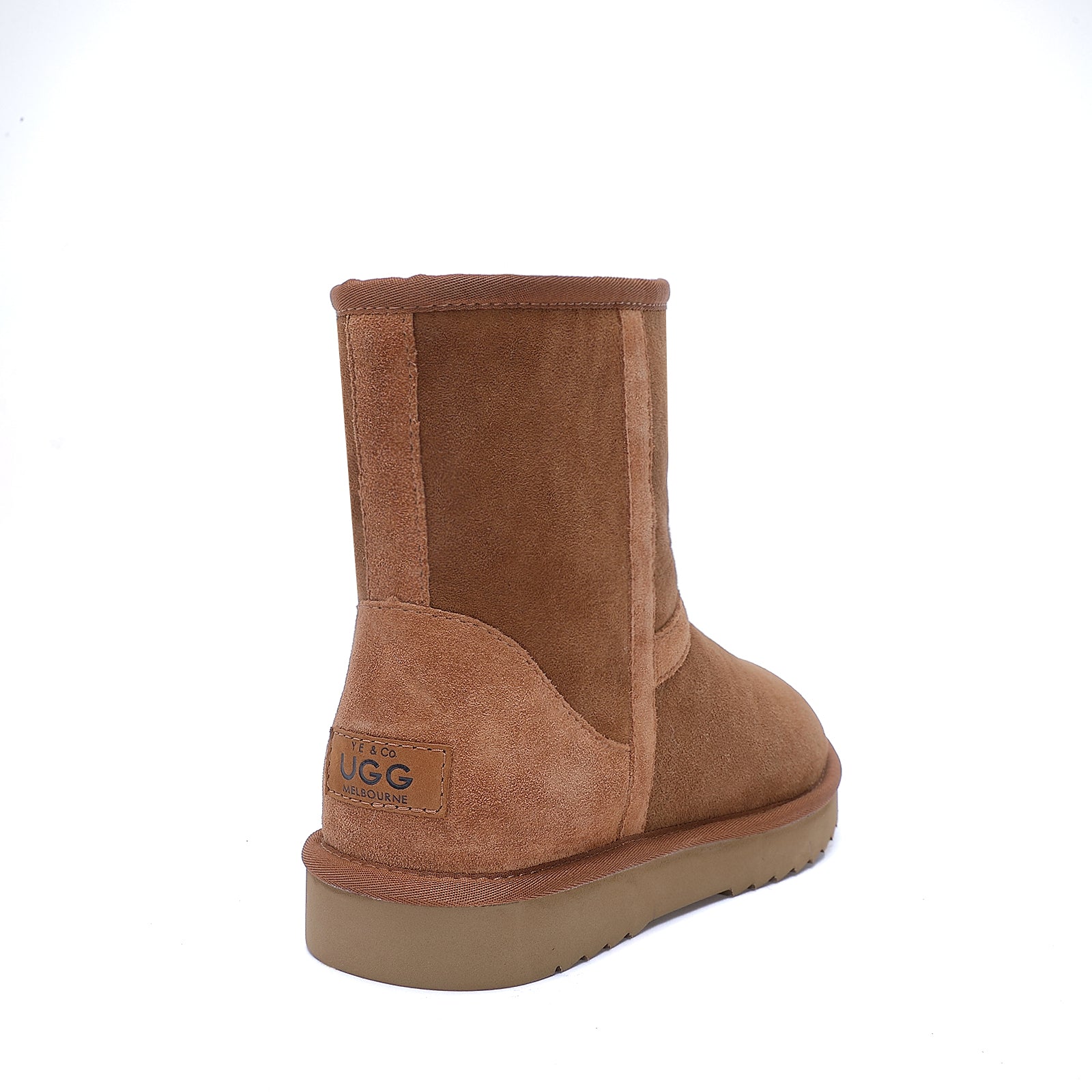 Chestnut suede sheepskin mid-calf boot with wool lining, rear three-quarter view. - Yellow Earth Australia
