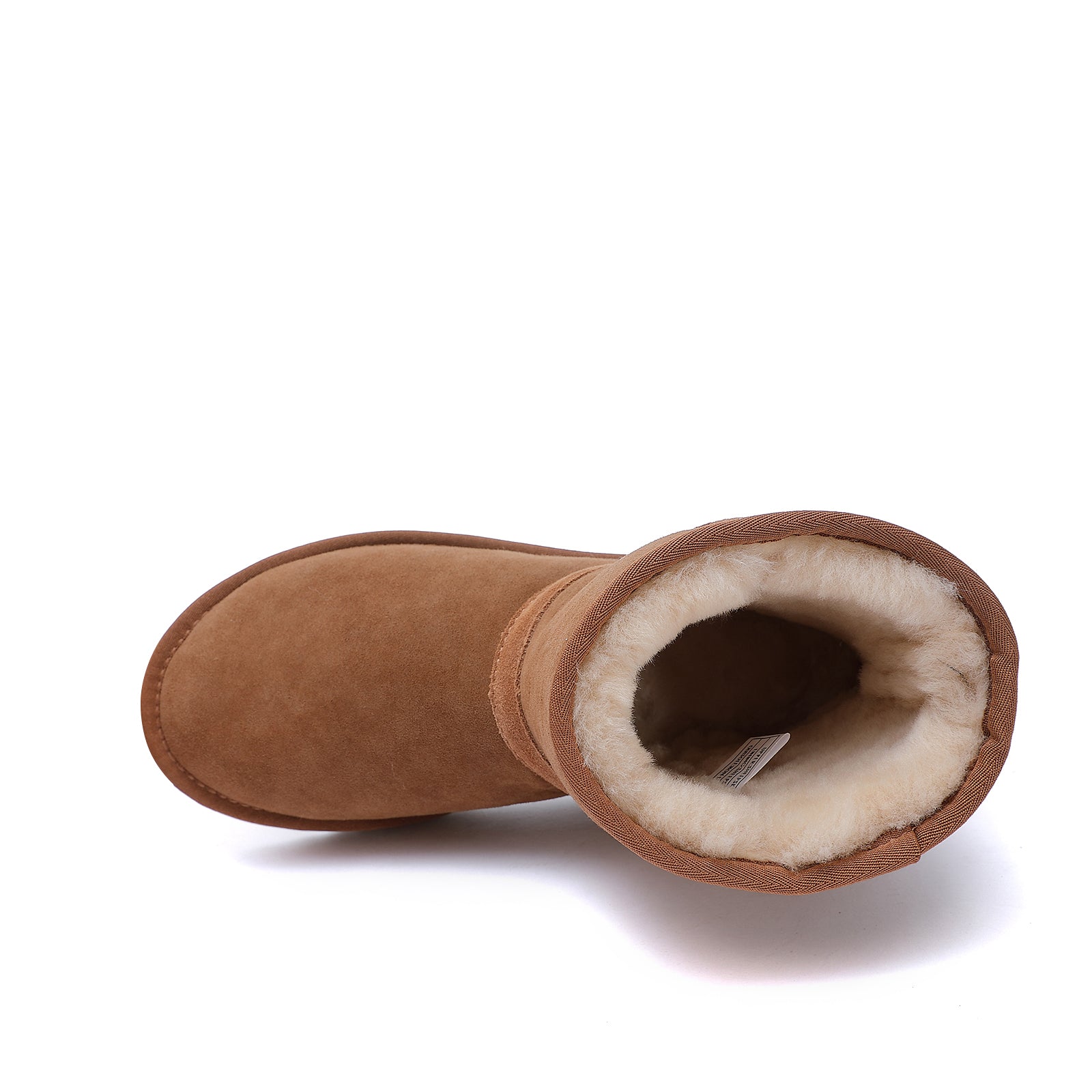 Caramel short sheepskin boot with fleece lining, top-down view. - Yellow Earth Australia