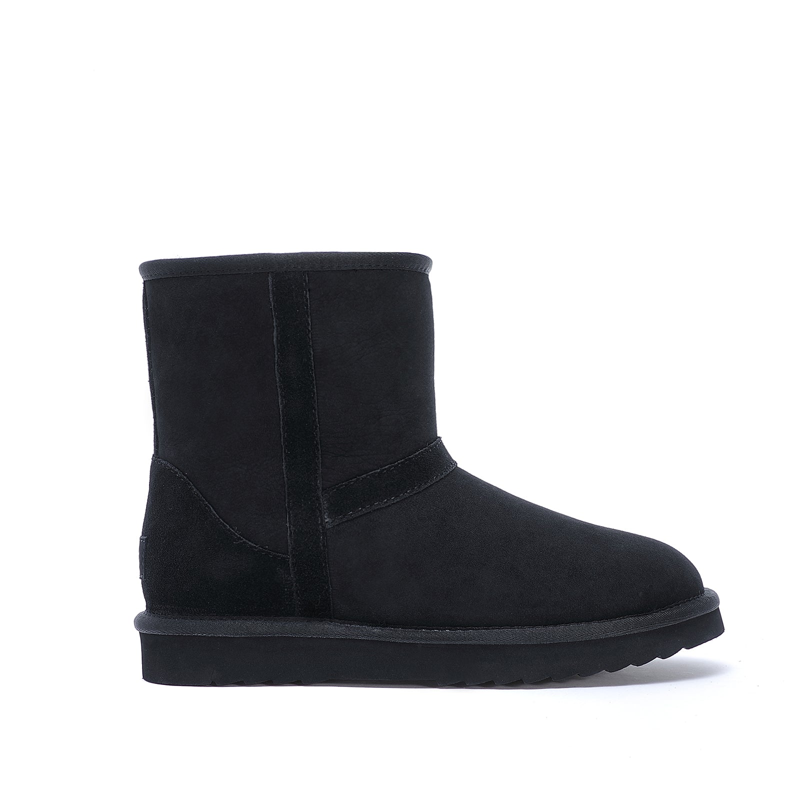 Black suede sheepskin short boot shown from the side angle. - Yellow Earth Australia
