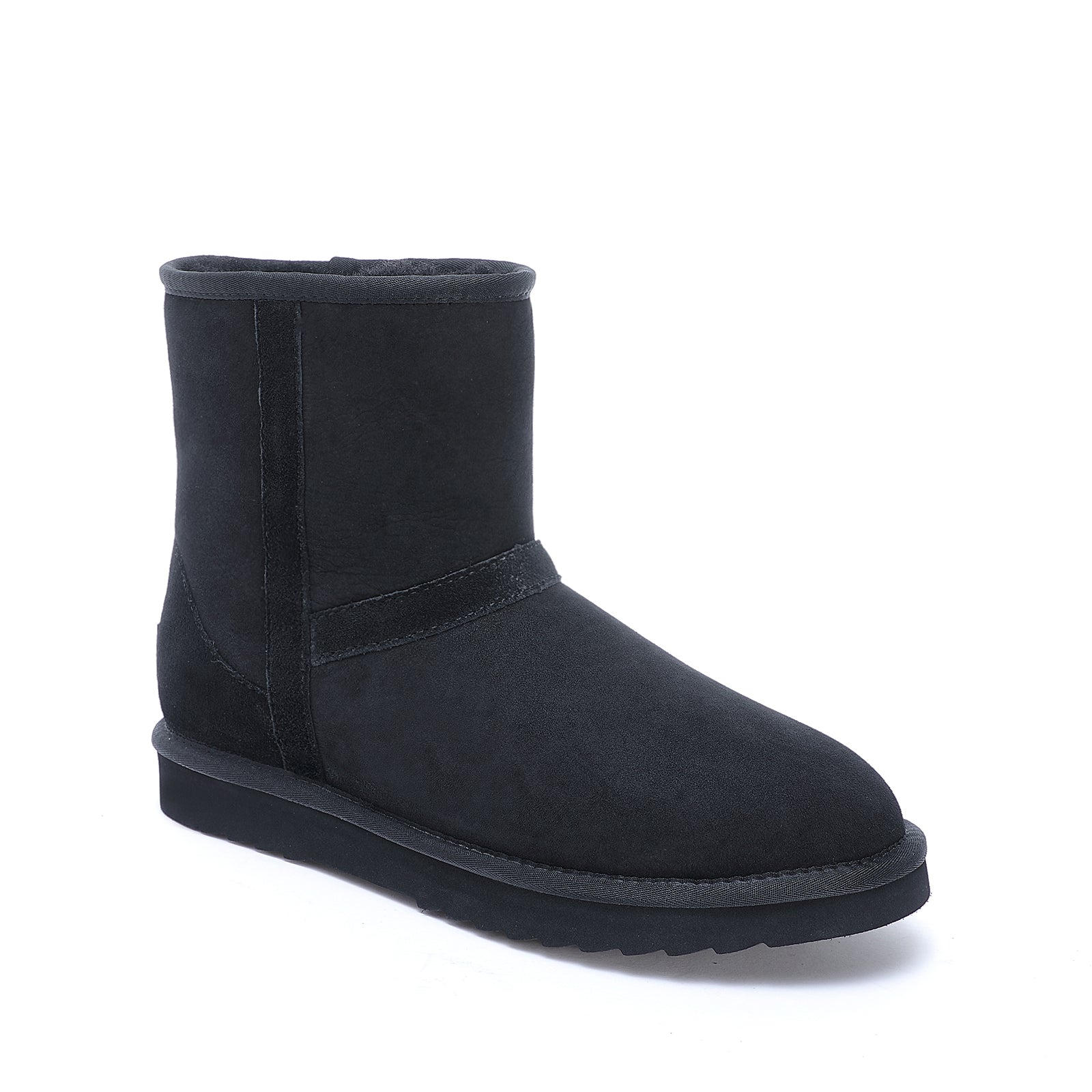 Black suede sheepskin short boot displayed from the side angle. - Yellow Earth Australia