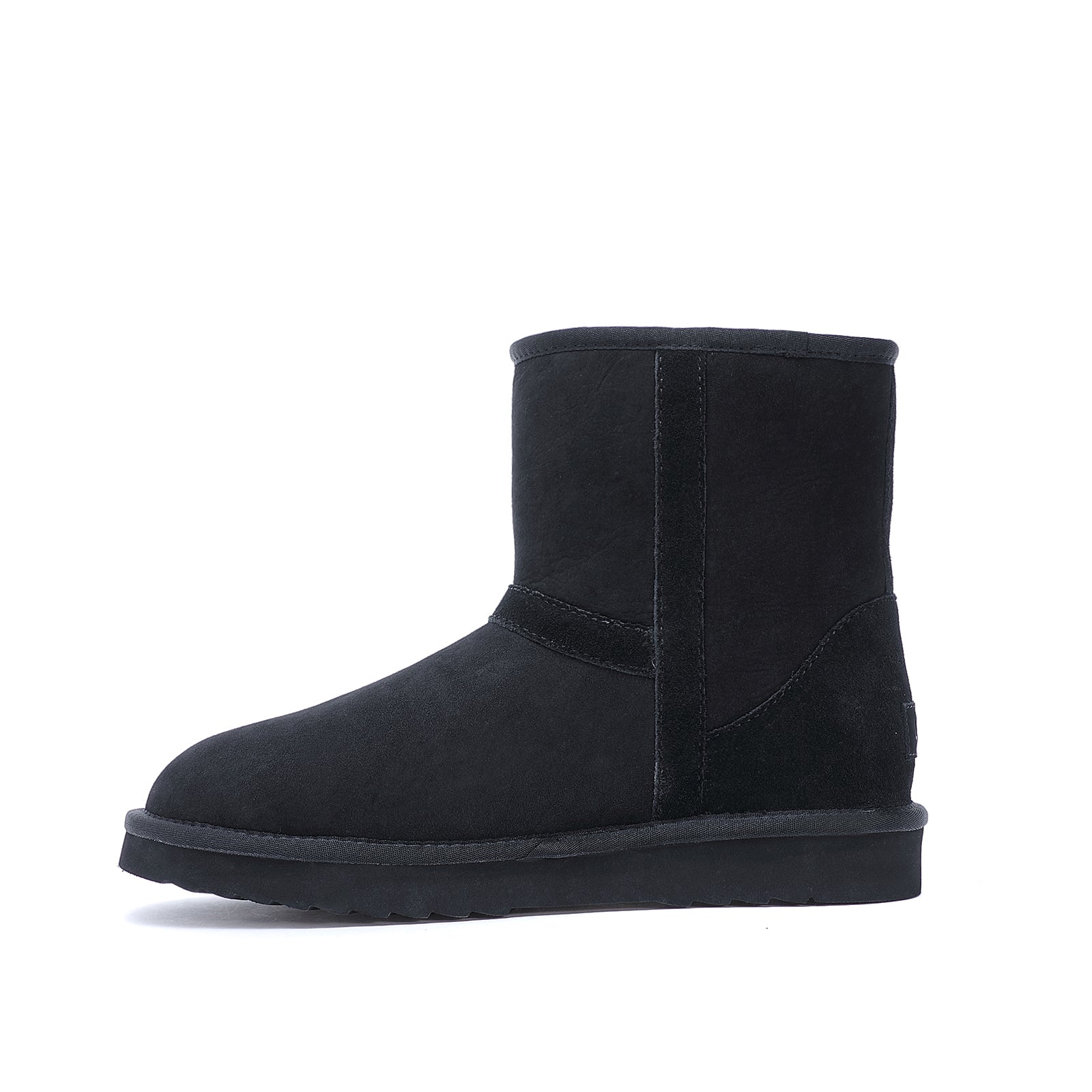 Black suede sheepskin short boot displayed from side angle. - Yellow Earth Australia