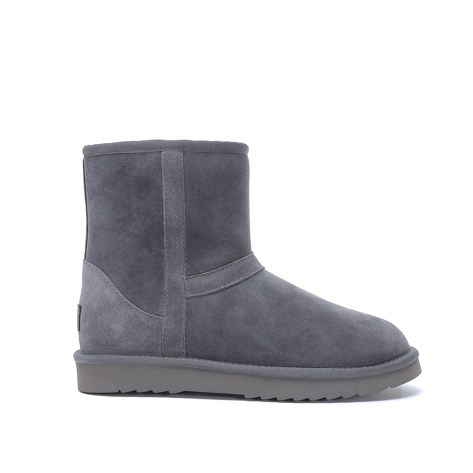 Grey suede sheepskin short boot with textured sole, side view. - Yellow Earth Australia
