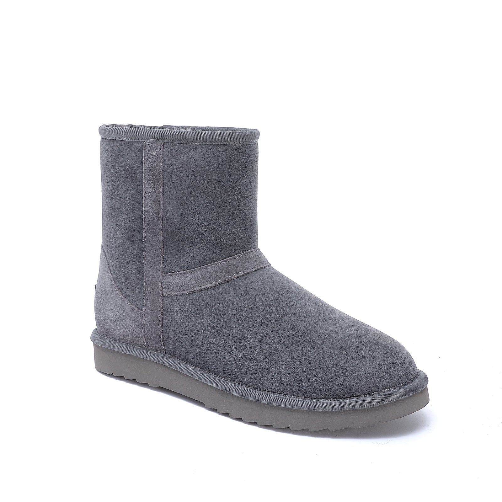 Grey suede sheepskin short boot with wool lining, side view. - Yellow Earth Australia