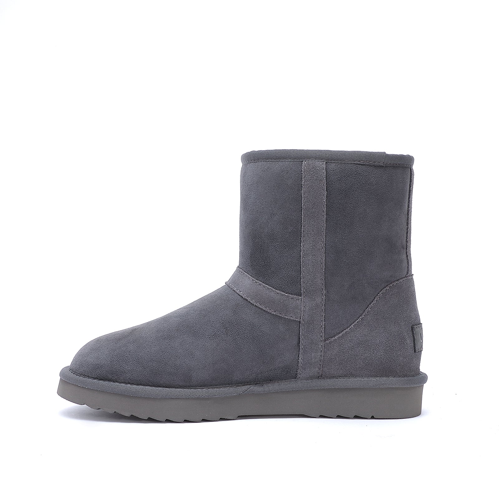 Grey suede sheepskin short boot with wool lining, side view. - Yellow Earth Australia