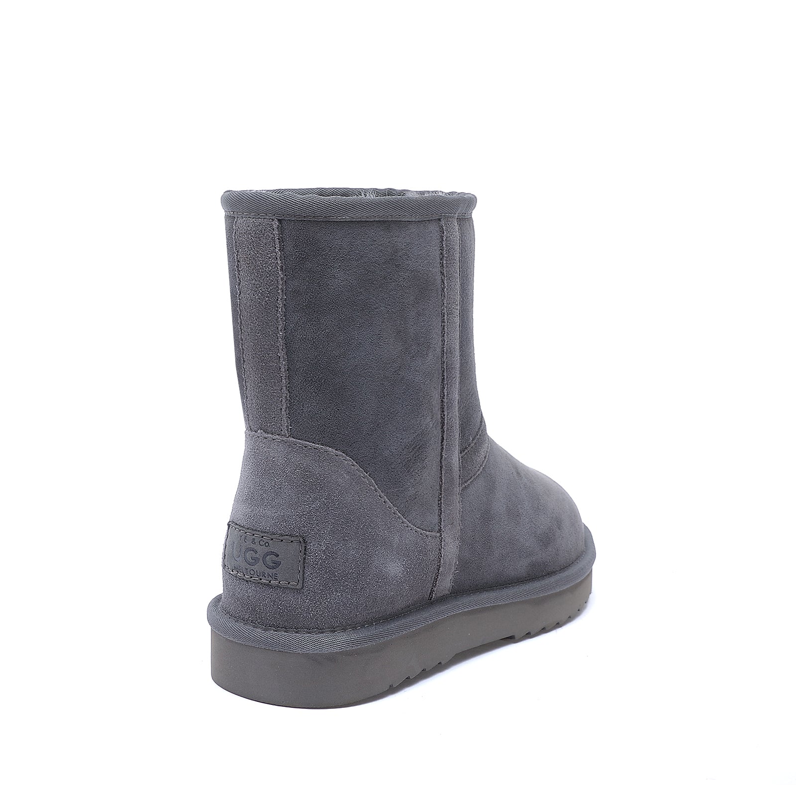 Grey suede sheepskin mid-calf boot with thick sole, rear angle view. - Yellow Earth Australia