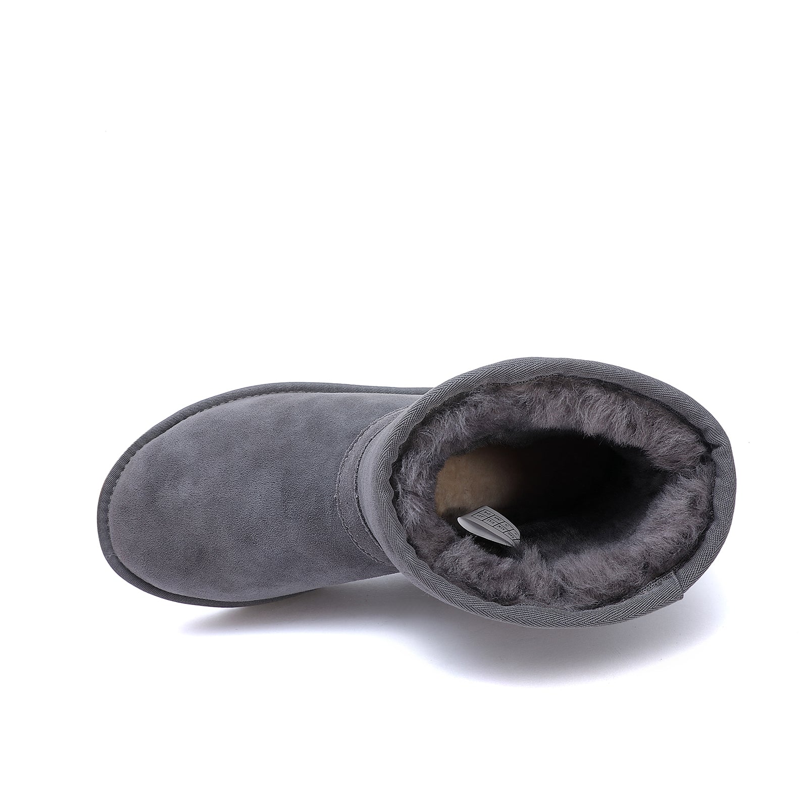Grey sheepskin boot with fluffy wool lining, top-down view. - Yellow Earth Australia