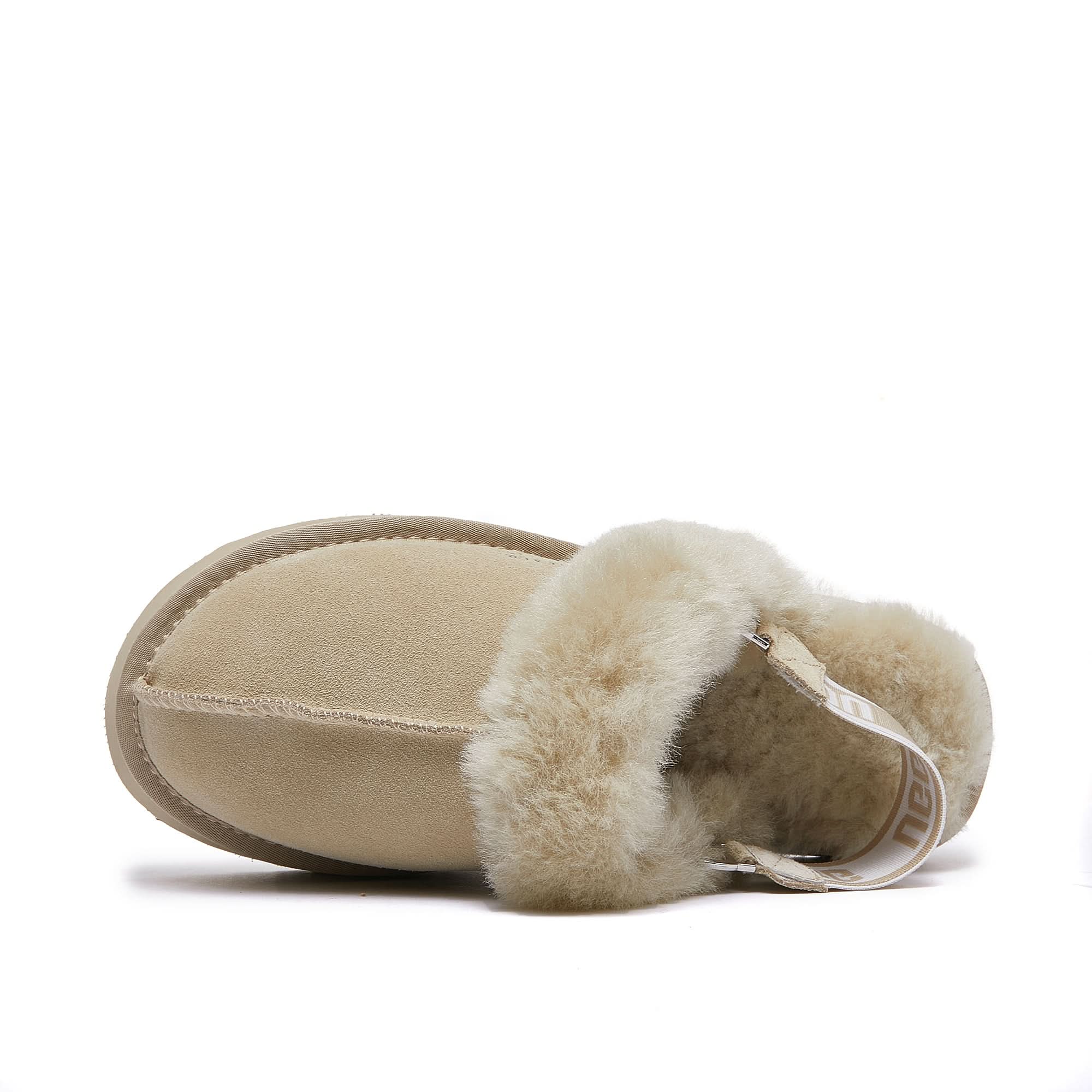 Cream sheepskin slipper with fluffy wool cuff, top-down view on white background. - Yellow Earth Australia