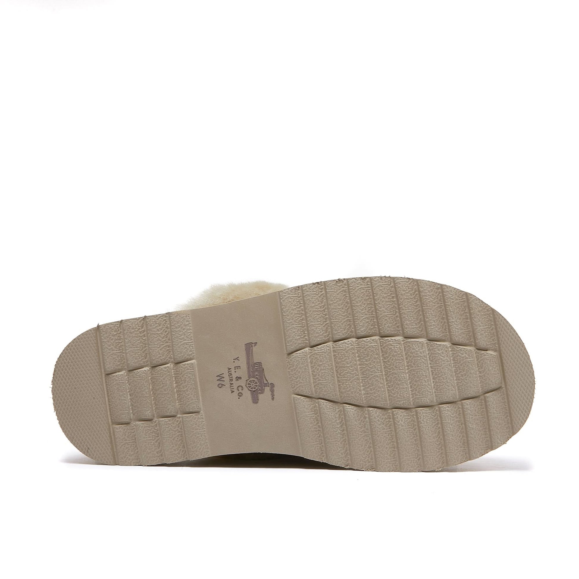 Cream sheepskin slipper sole view showing textured beige rubber outsole. - Yellow Earth Australia