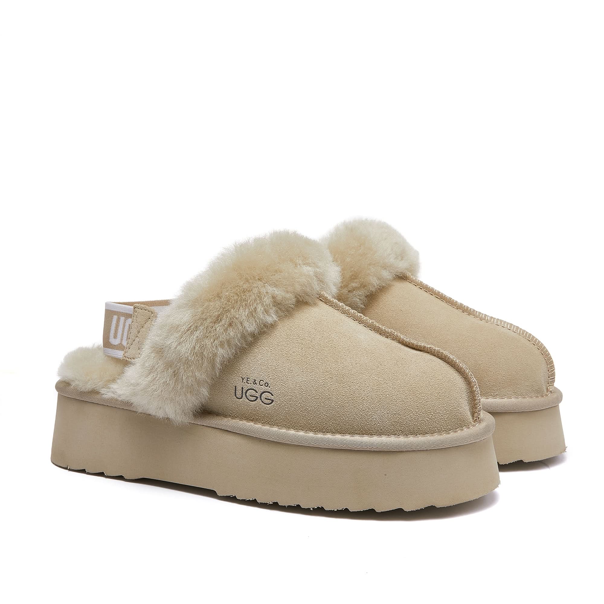 Cream platform slippers with sheepskin fur collar and suede upper, side view. - Yellow Earth Australia