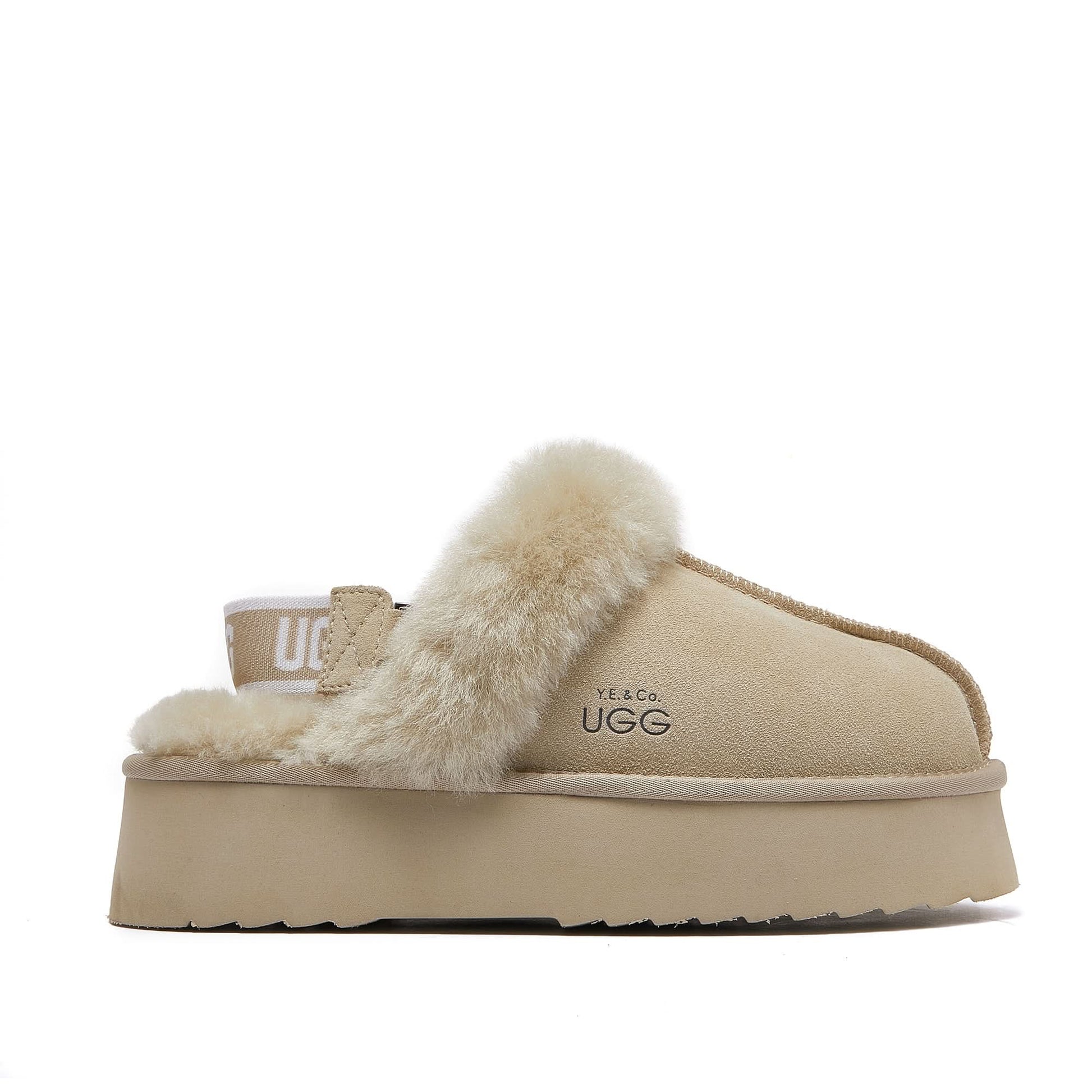 Cream sheepskin platform slipper with fluffy wool lining, side view. - Yellow Earth Australia