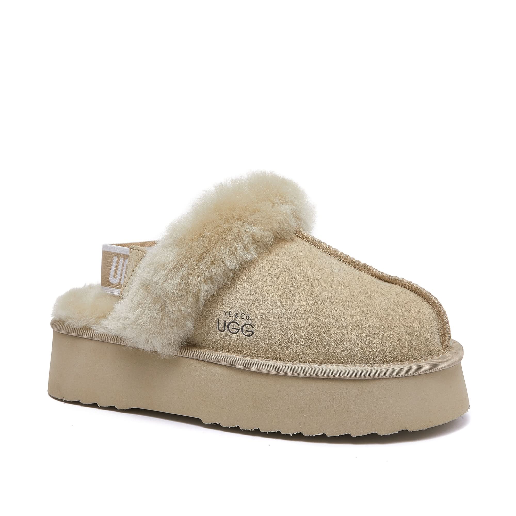 Cream platform slipper with sheepskin collar, side view on white background. - Yellow Earth Australia