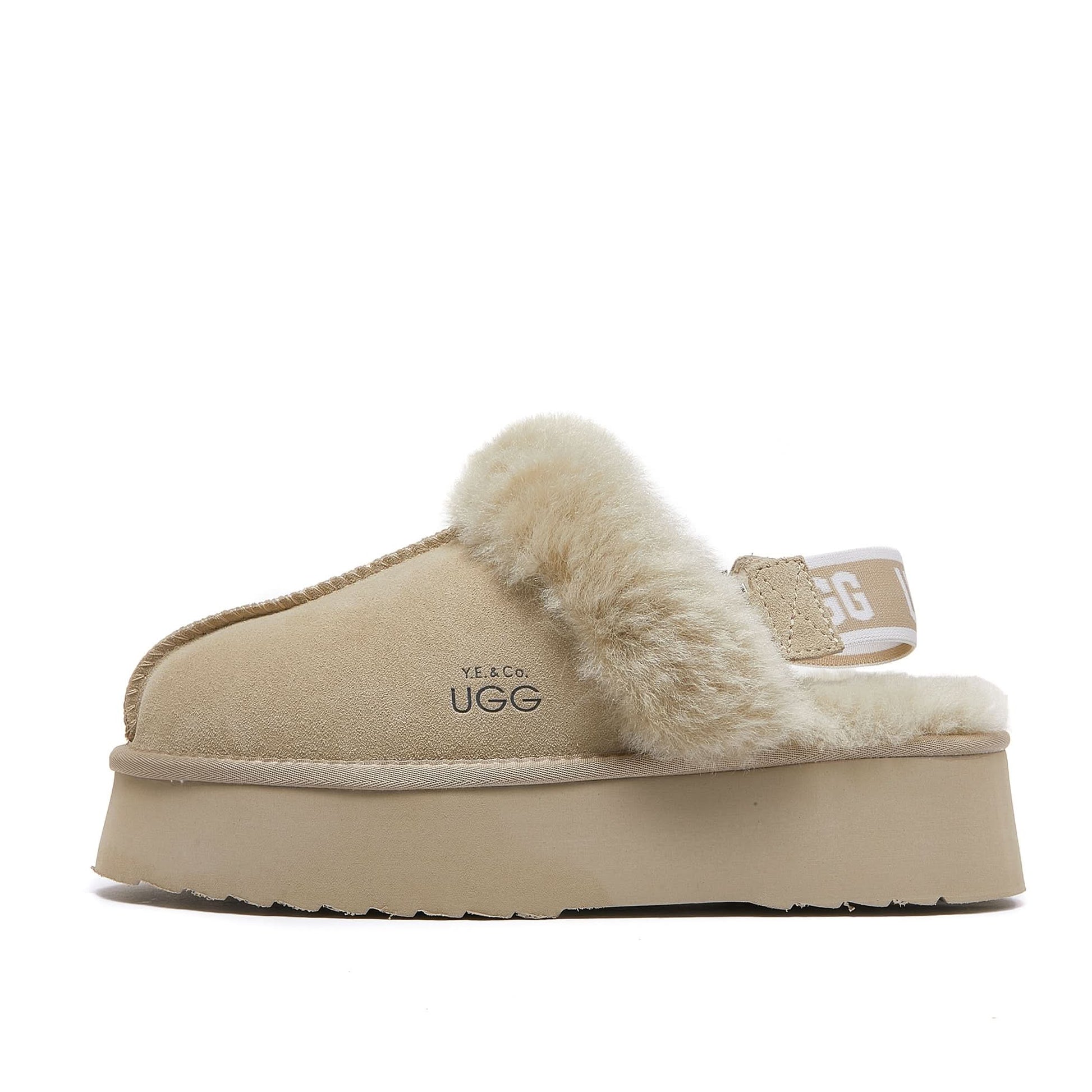 Cream platform slipper with sheepskin lining and fuzzy pom-pom, side view. - Yellow Earth Australia