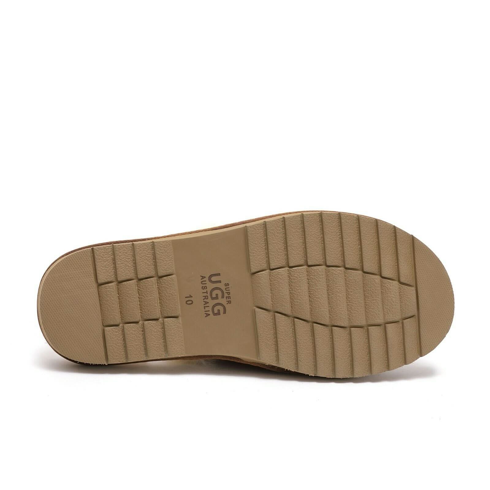 Beige UGG boot sole with textured, non-slip rubber tread, size 10, flat white background.