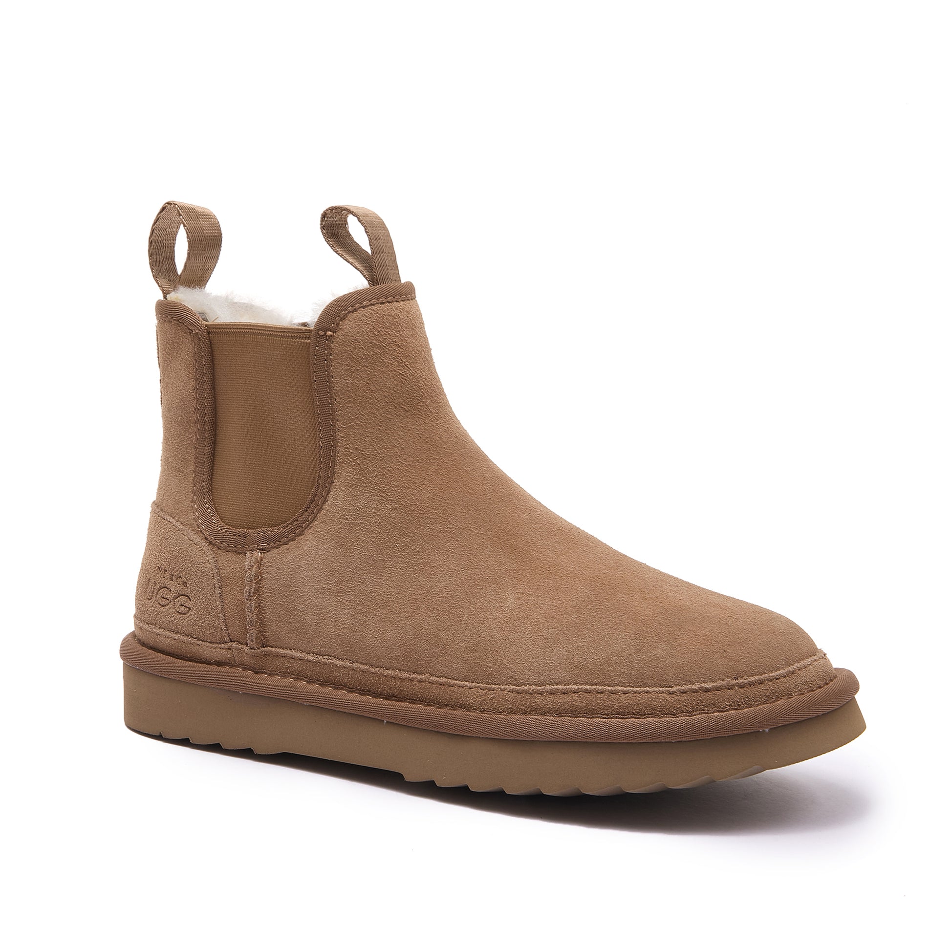 Camel suede sheepskin chelsea boot with wool lining, side view. - Yellow Earth Australia