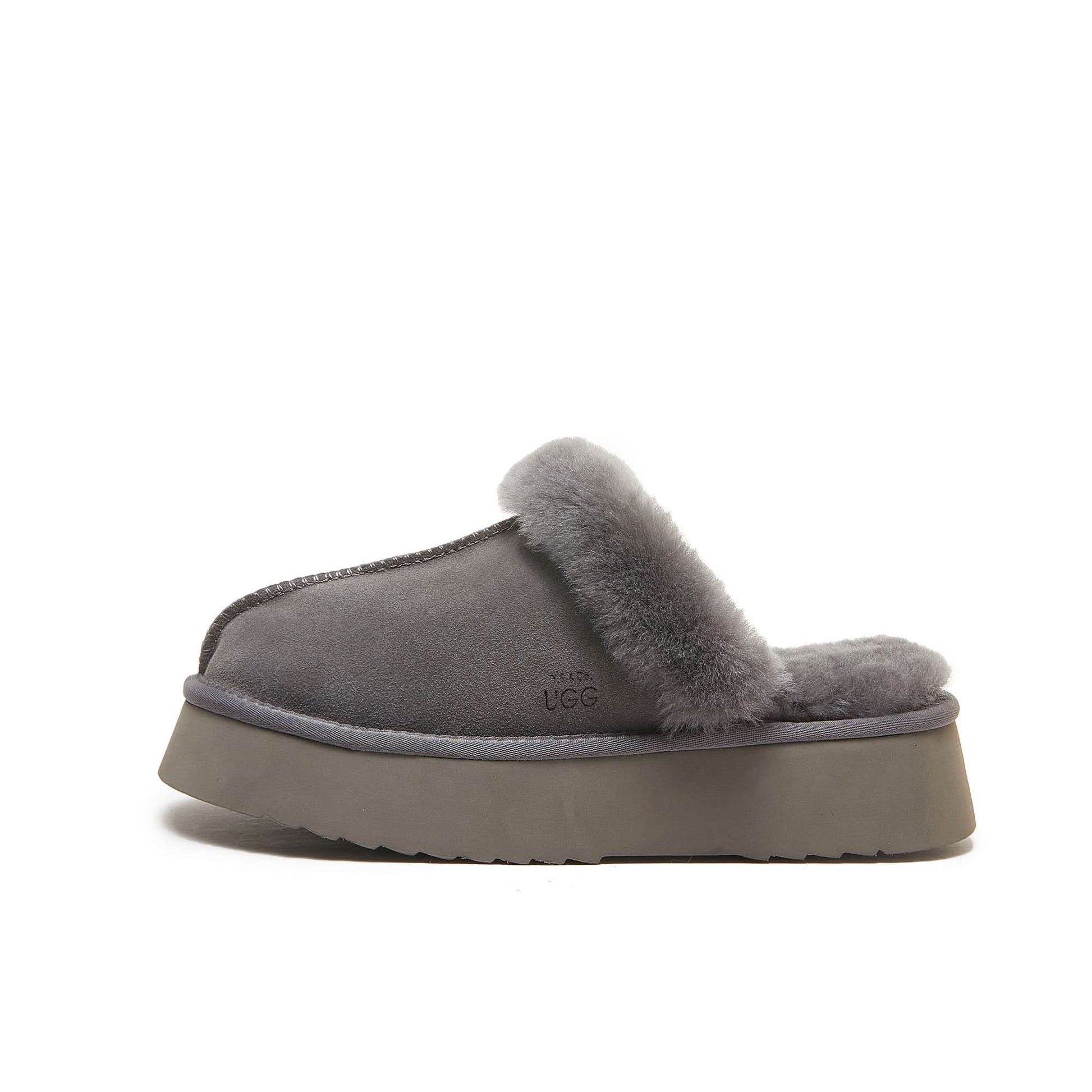 Grey sheepskin platform slipper with fluffy wool cuff, side view. - Yellow Earth Australia