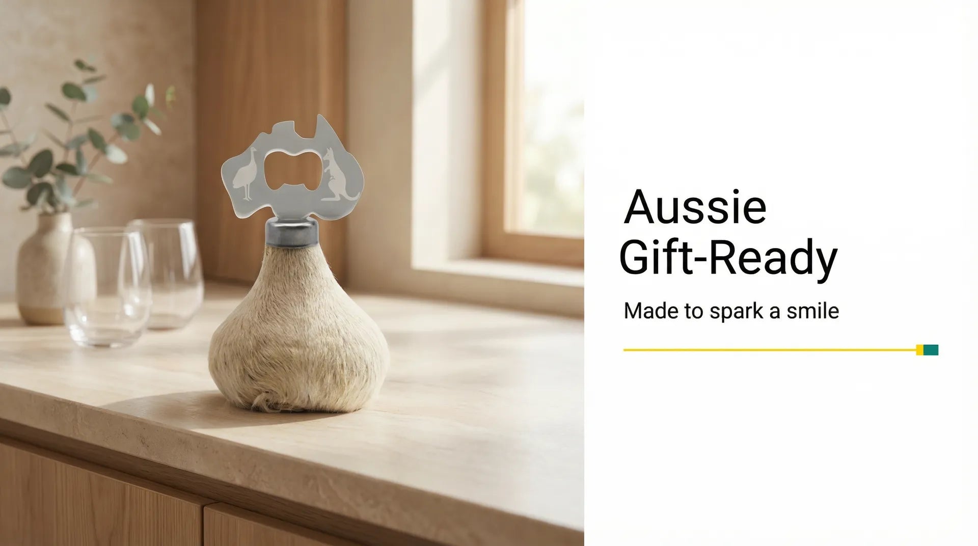 Cream sheepskin bottle opener with metal Australia-shaped top on wooden surface. - Yellow Earth Australia