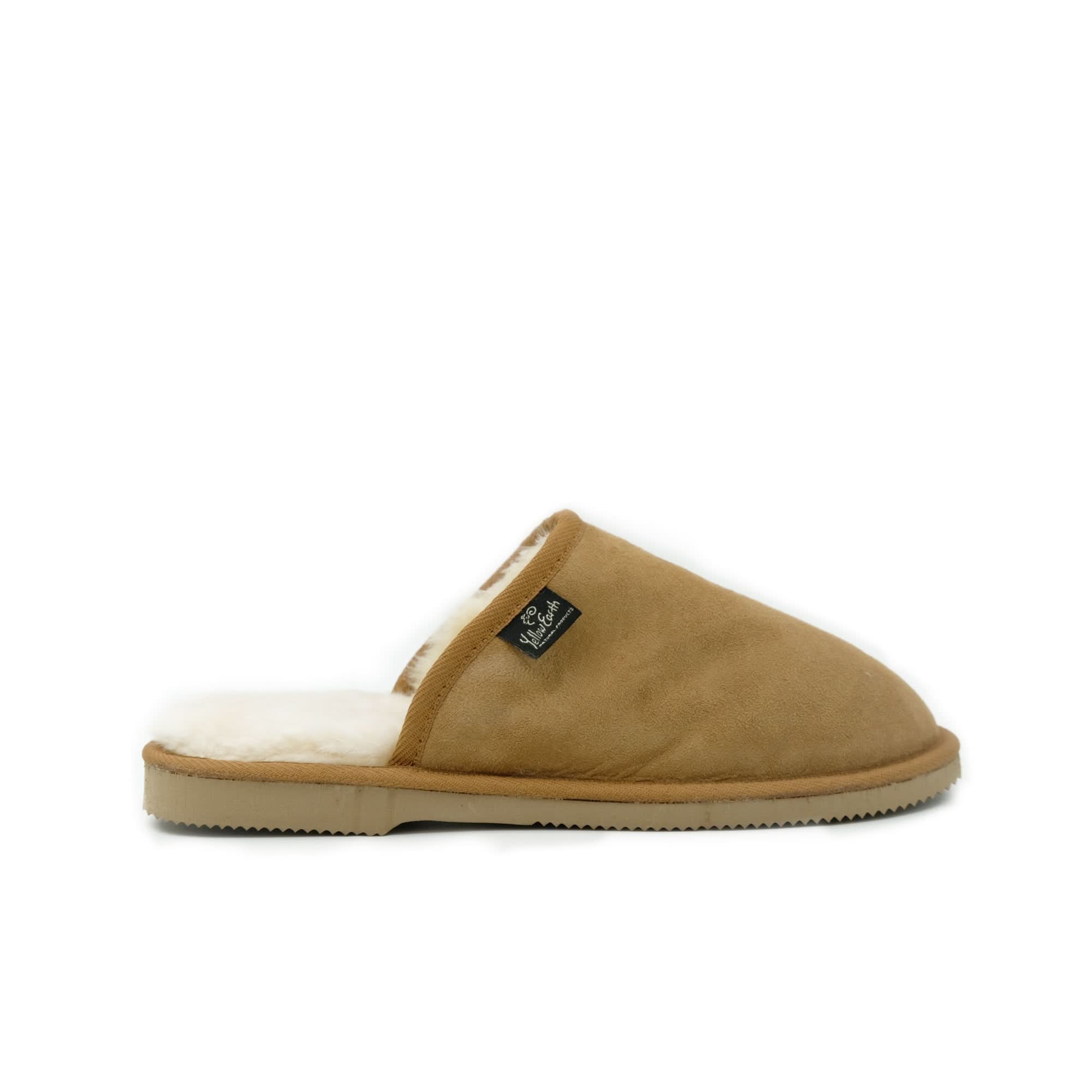 Chestnut suede sheepskin slipper with cream wool lining, side view. - Yellow Earth Australia
