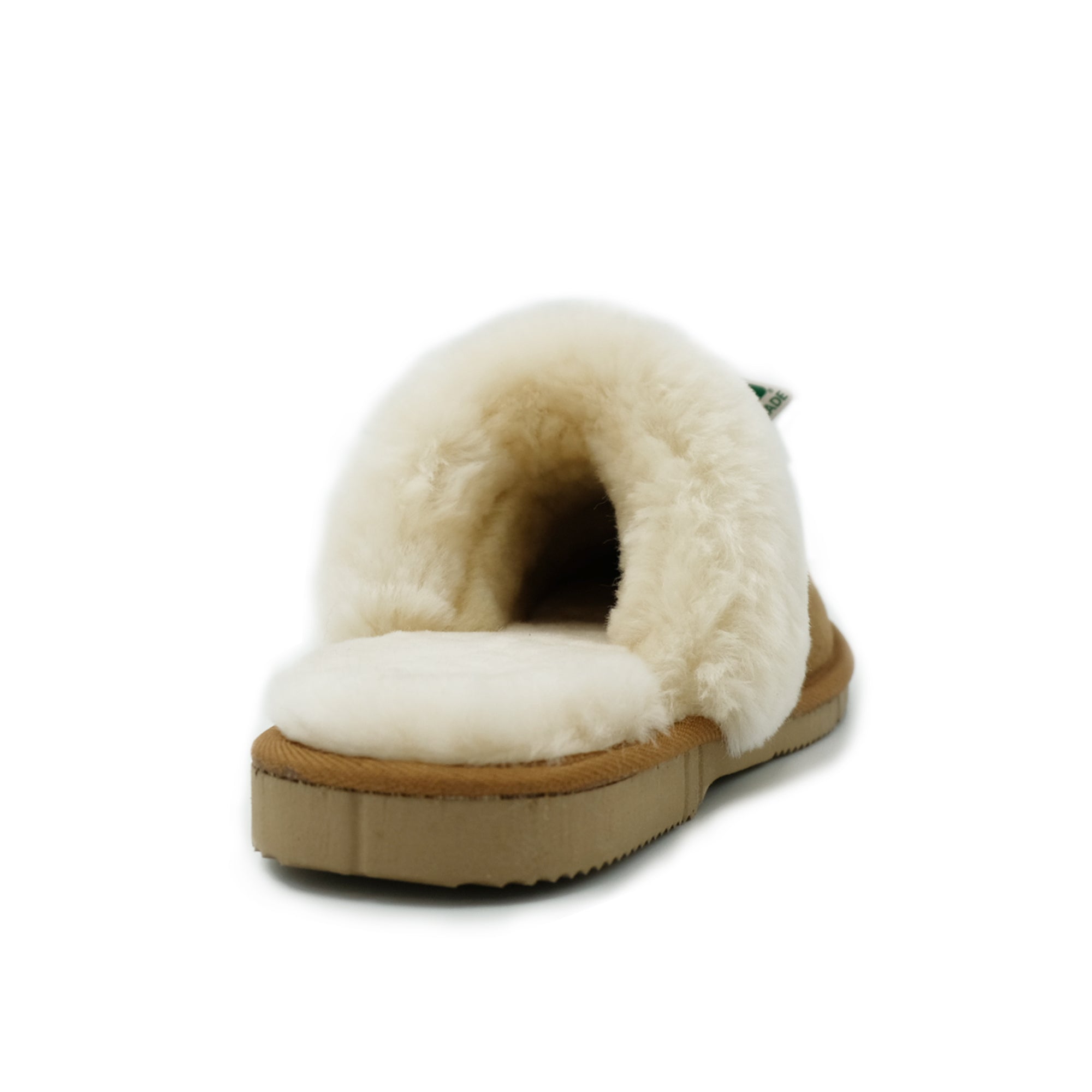 Beige sheepskin slipper with fluffy wool lining, side view. - Yellow Earth Australia