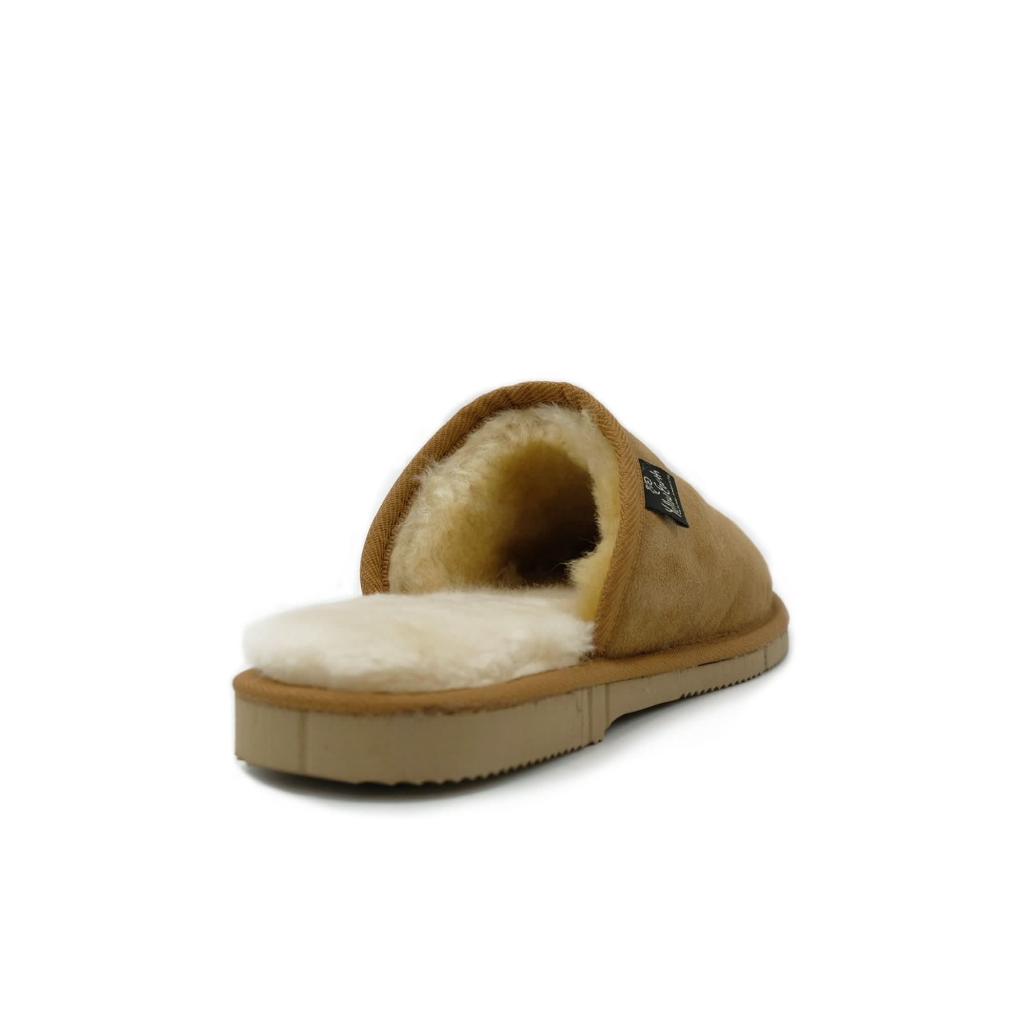 Tan sheepskin slipper with wool lining, rear angle view. - Yellow Earth Australia