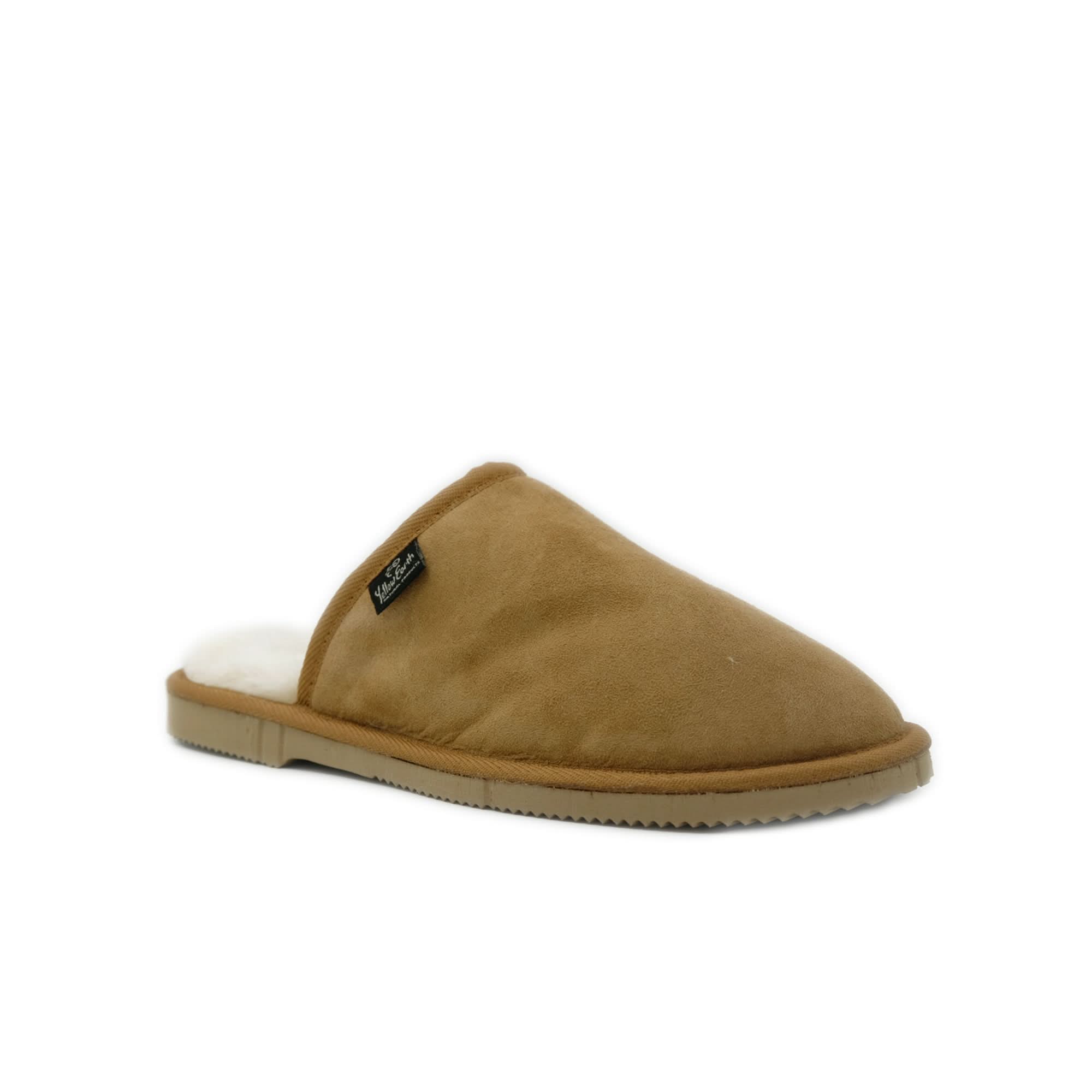 Tan suede sheepskin slipper with cream wool lining, side view. - Yellow Earth Australia