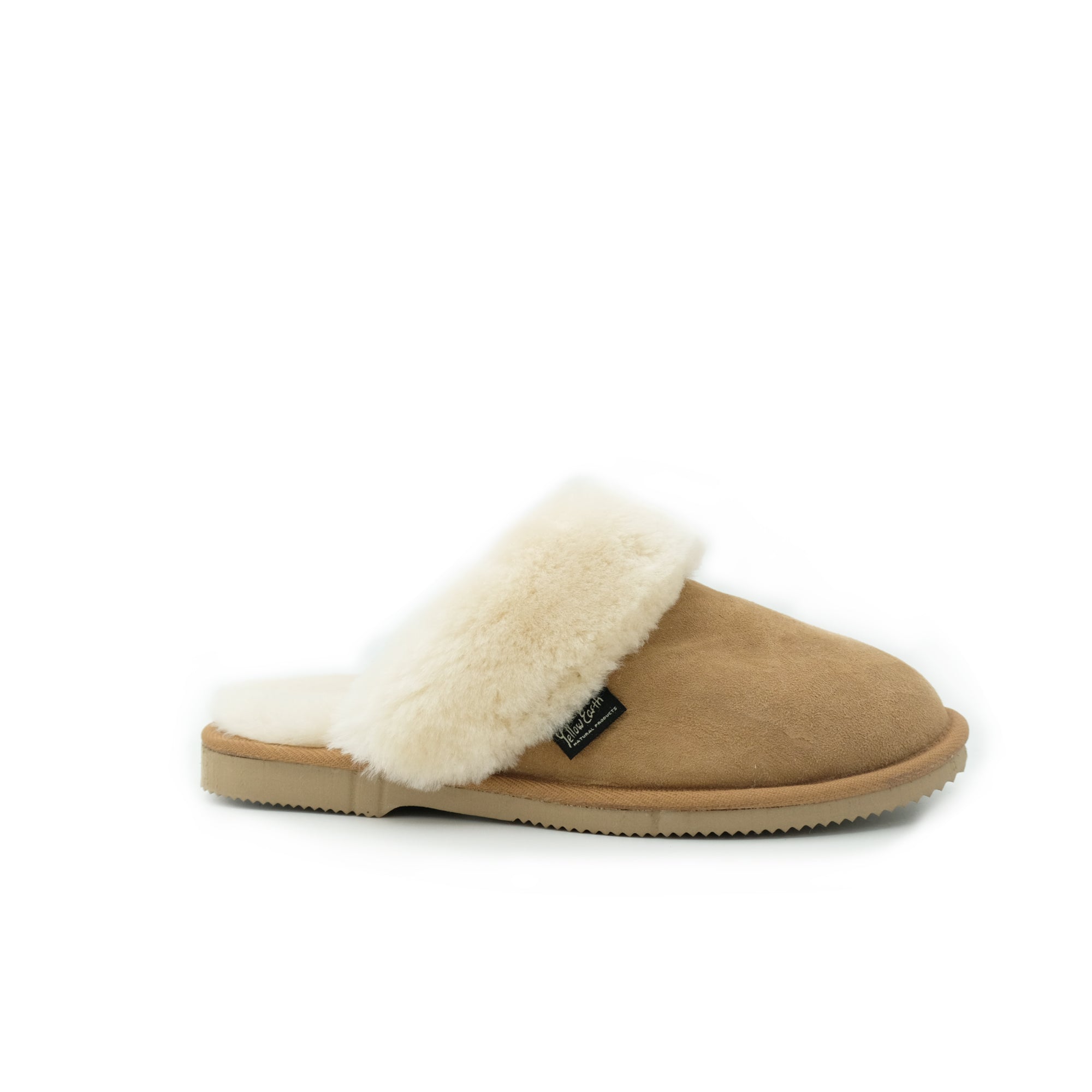 Camel sheepskin slippers with cream wool lining, side view on white background. - Yellow Earth Australia