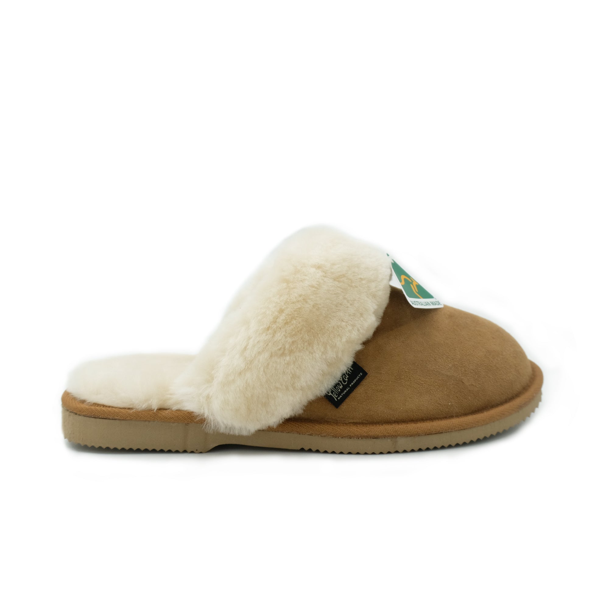 Tan sheepskin slipper with cream wool lining, side view. - Yellow Earth Australia