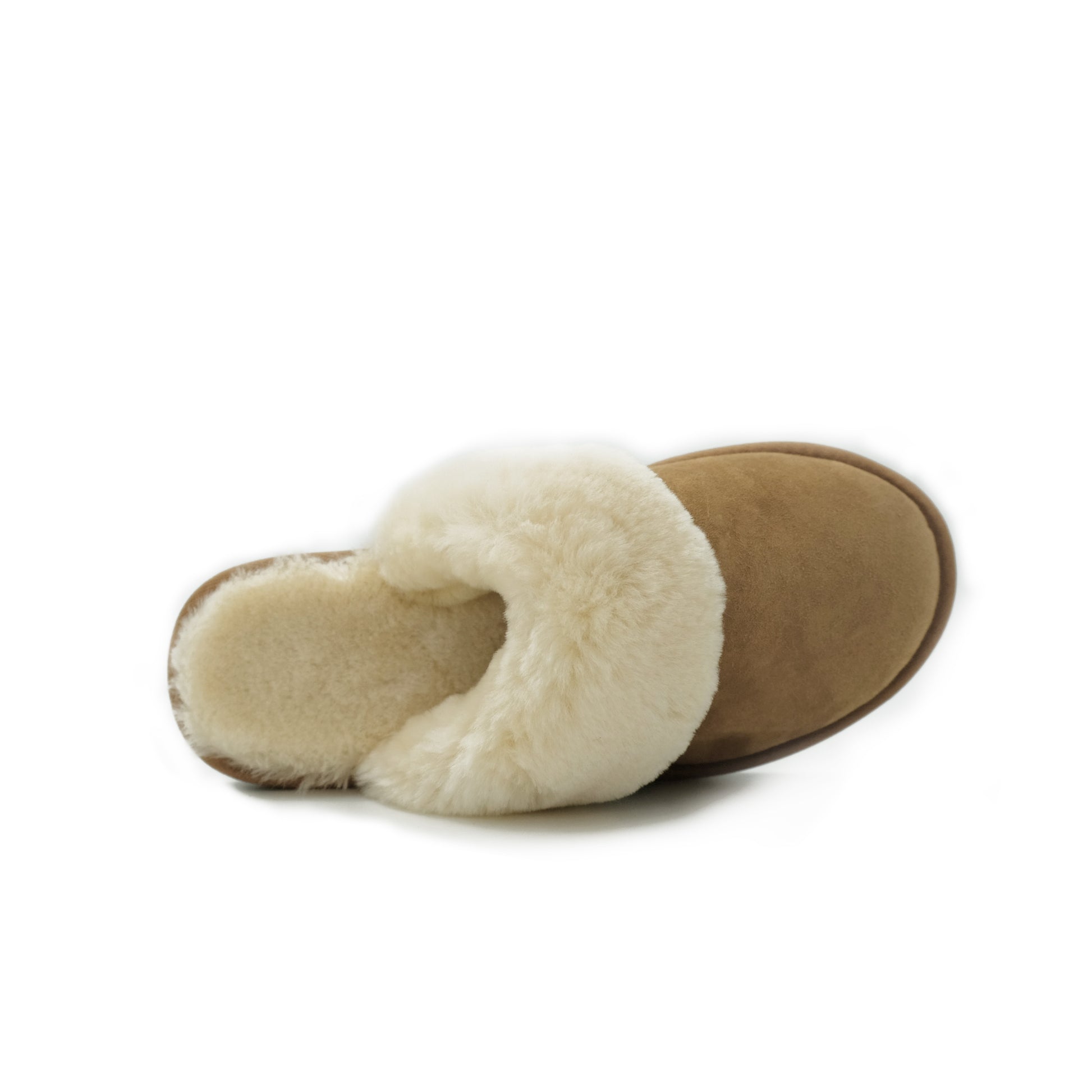 Camel sheepskin slipper boot with cream wool collar, top view angle. - Yellow Earth Australia