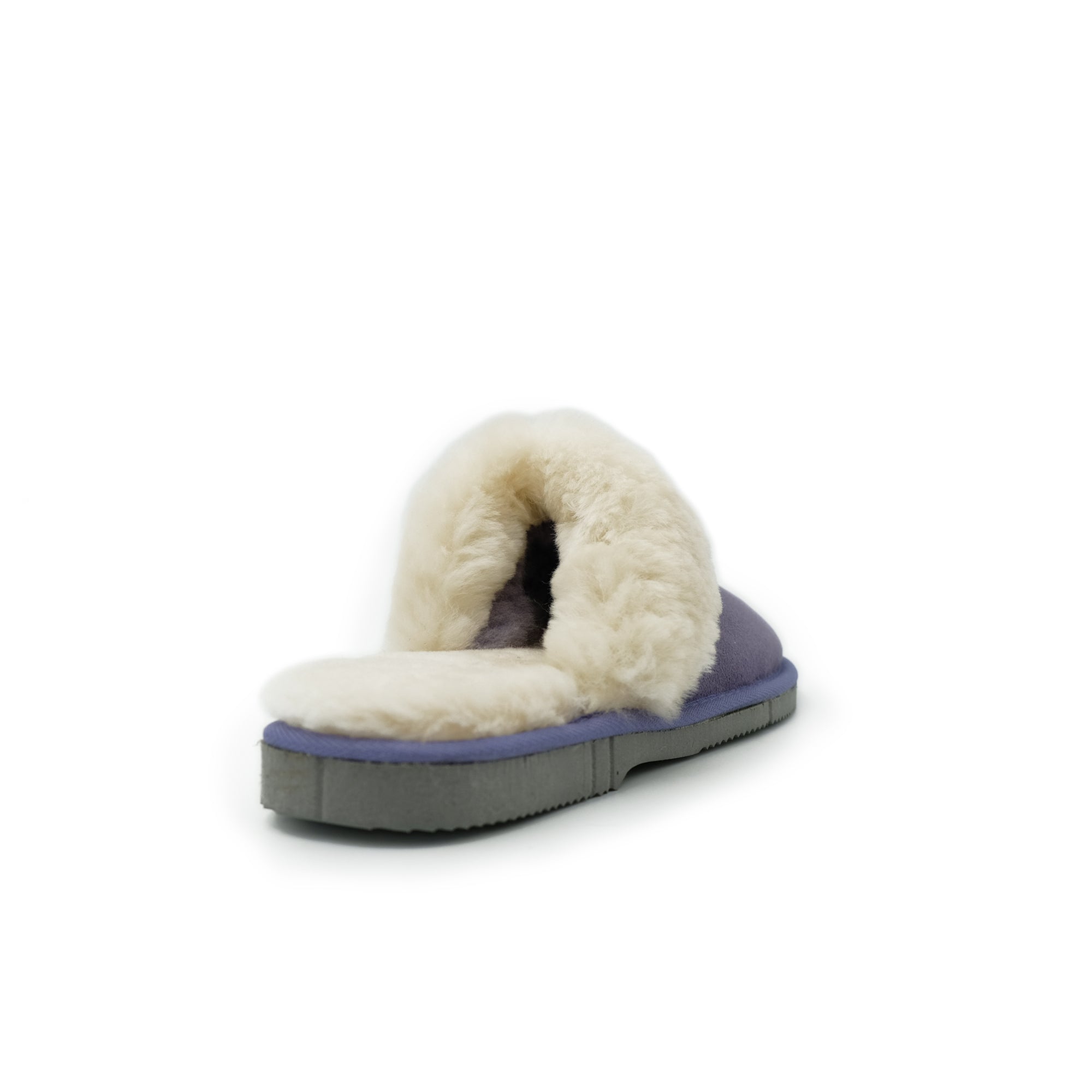 Cream sheepskin slipper with navy blue and grey sole, side view. - Yellow Earth Australia