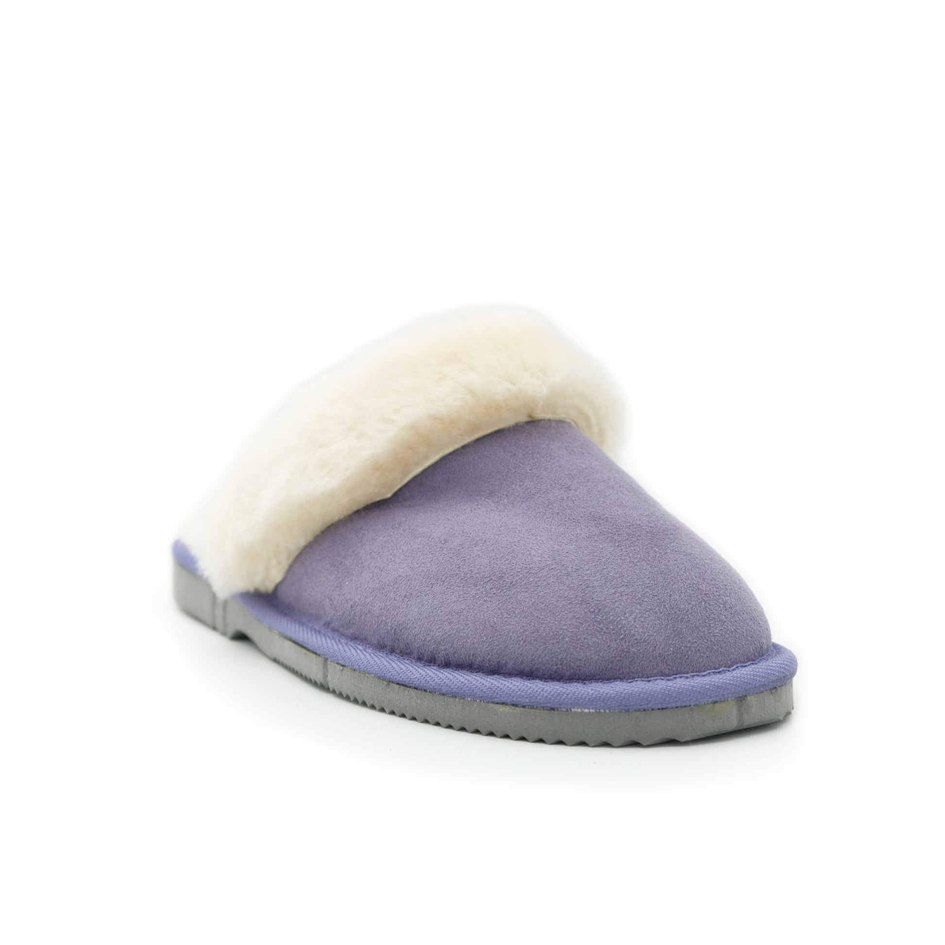 Purple suede slipper with cream sheepskin lining, side view. - Yellow Earth Australia