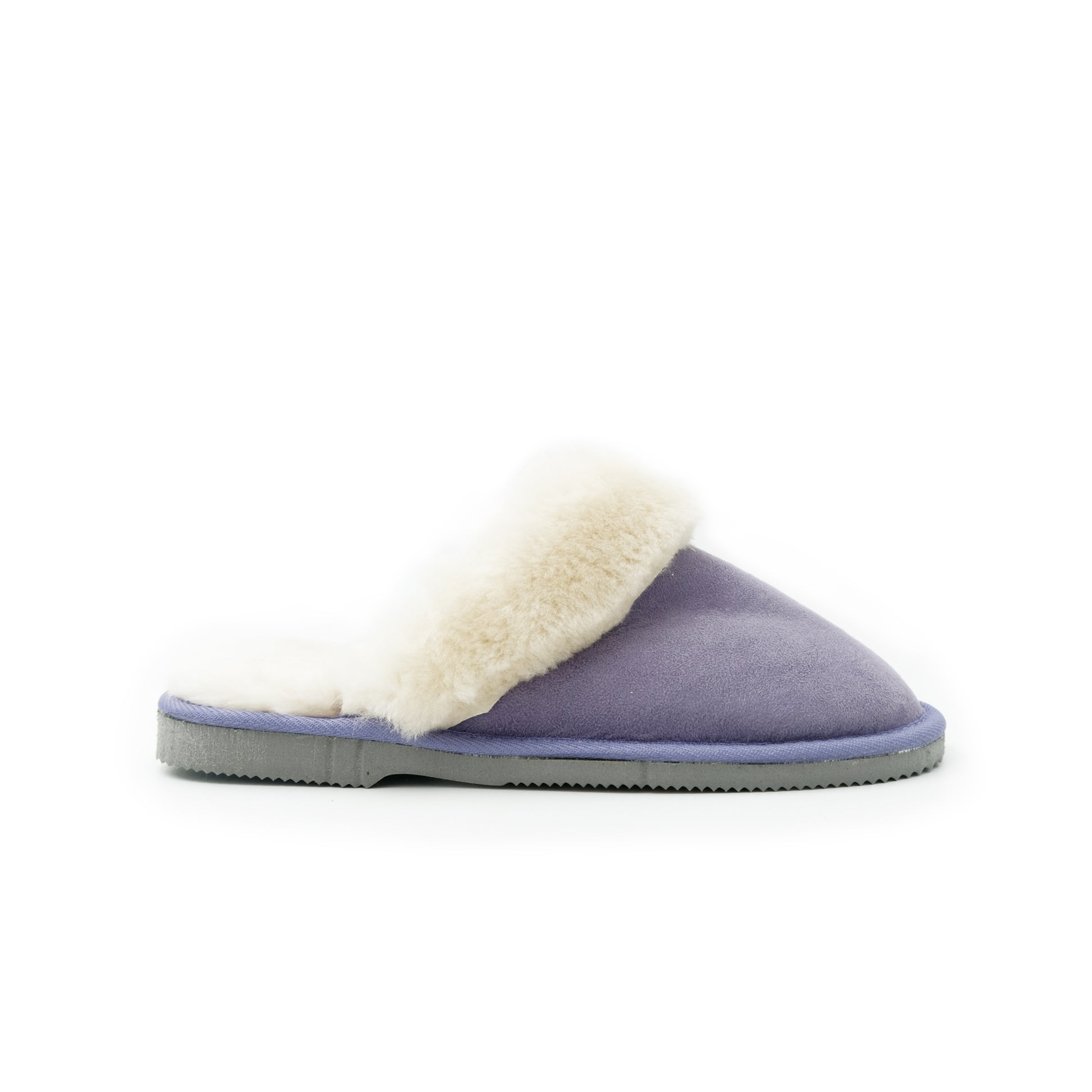Grey sheepskin slippers with cream wool lining, side view on white background. - Yellow Earth Australia