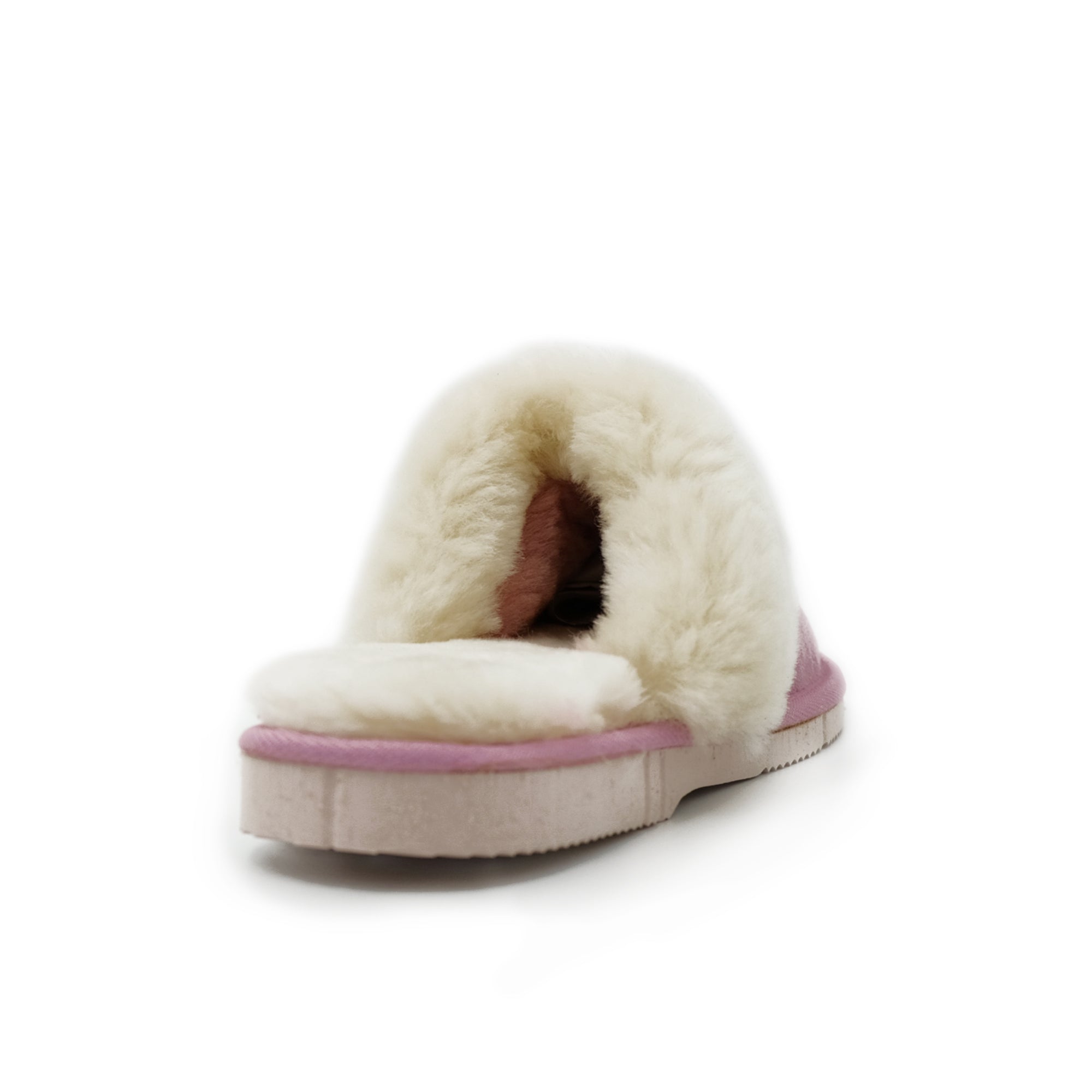 Cream sheepskin slipper with pink trim shown from the side angle. - Yellow Earth Australia