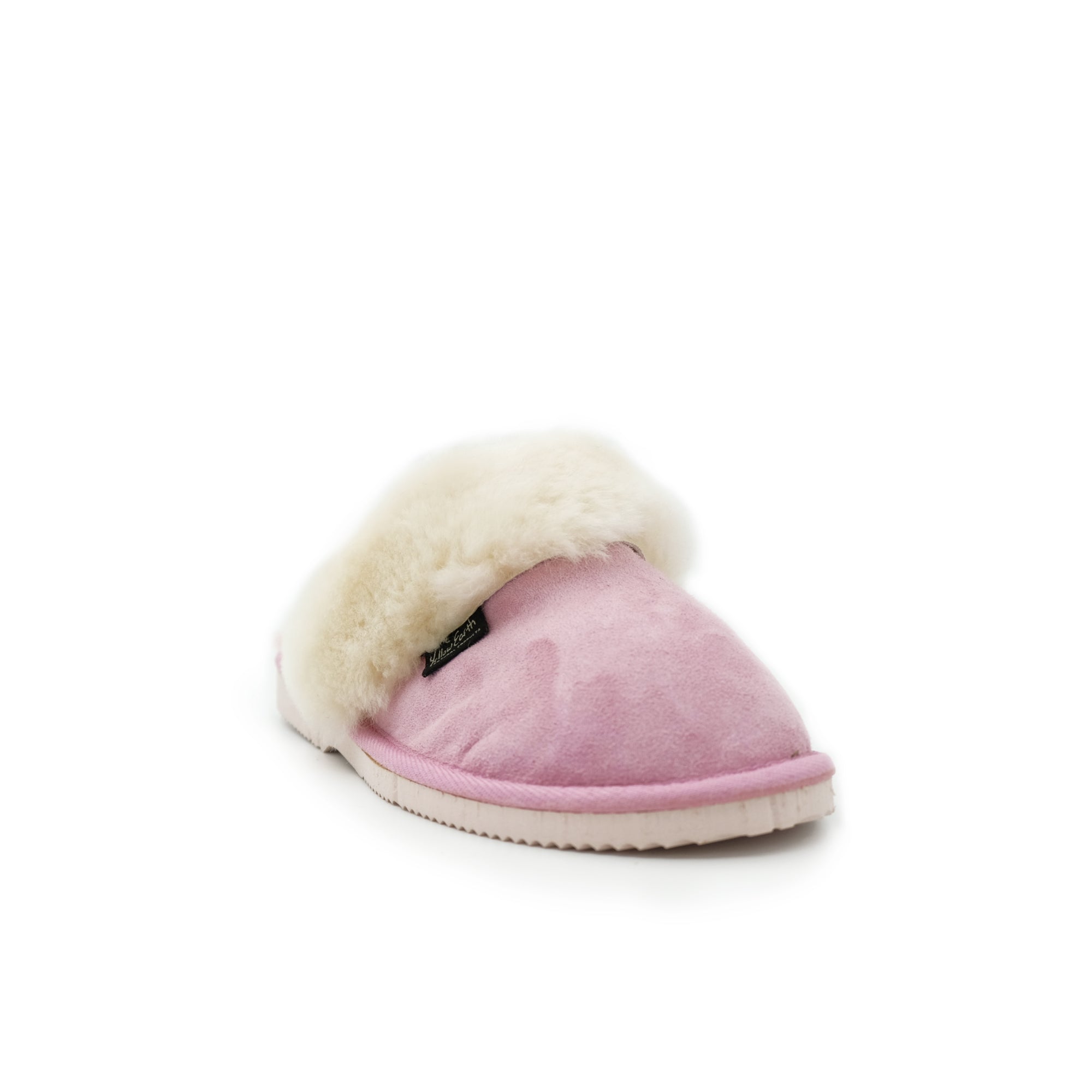 Pink sheepskin slipper with cream wool lining, shown in side profile view. - Yellow Earth Australia