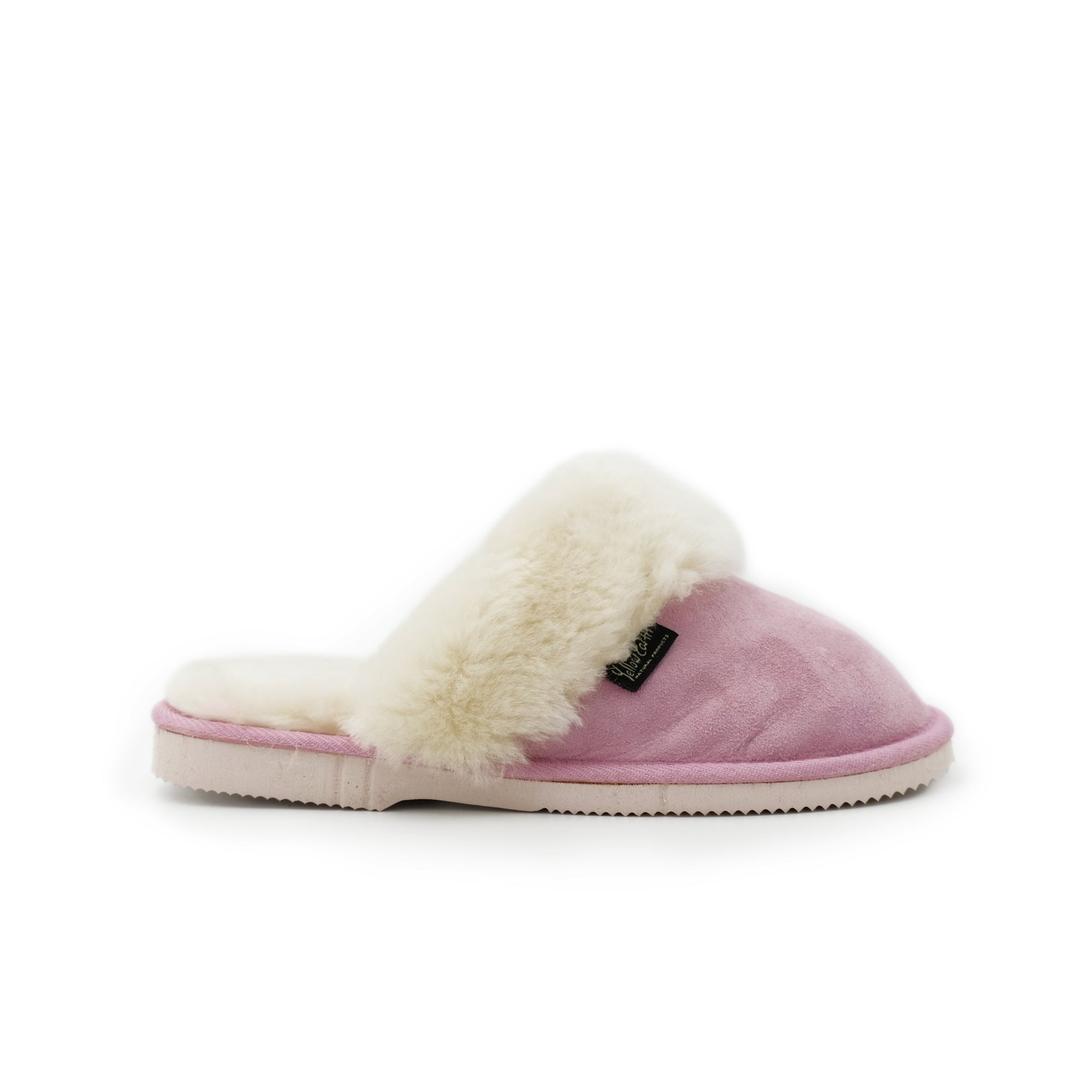 Pink and cream sheepskin slippers with fluffy wool lining, side view. - Yellow Earth Australia